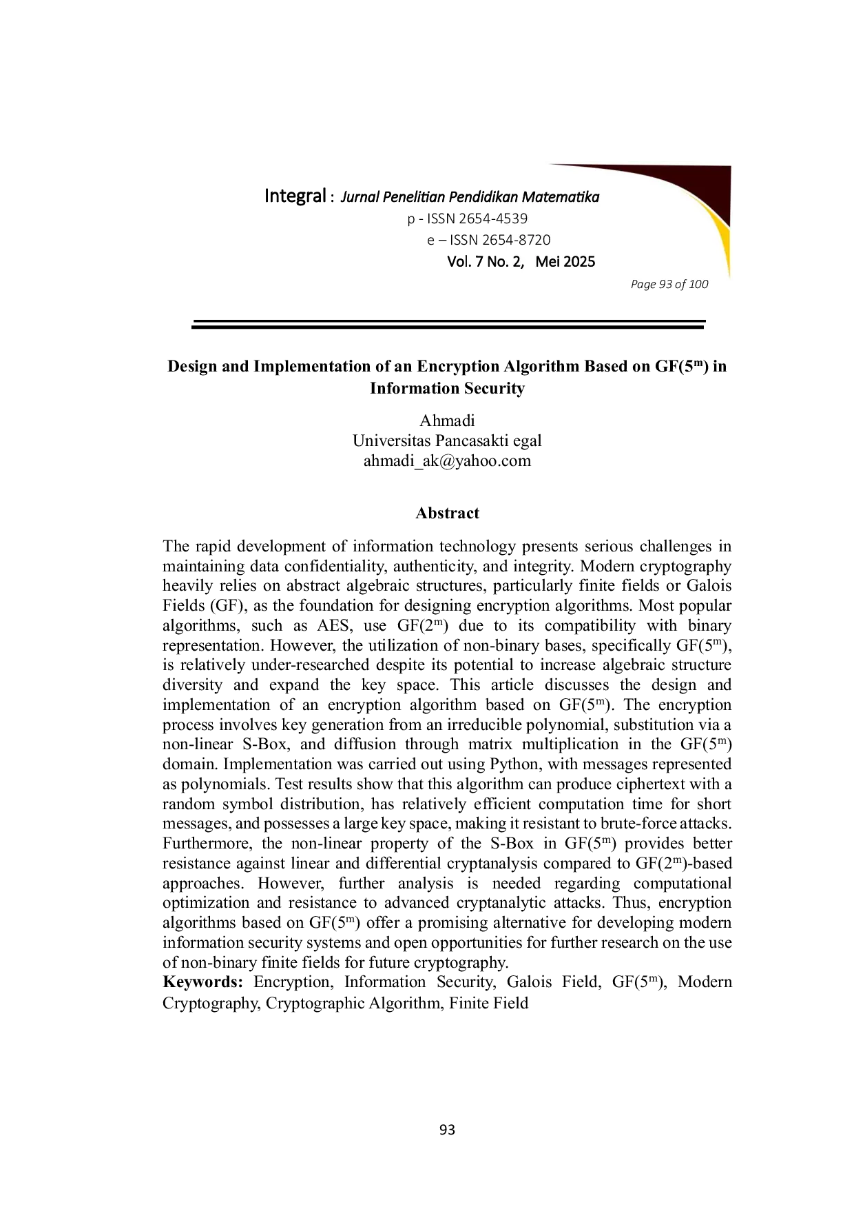 JURIS Design and Implementation of an Encryption Algorithm Based on GF 5m in Information Security