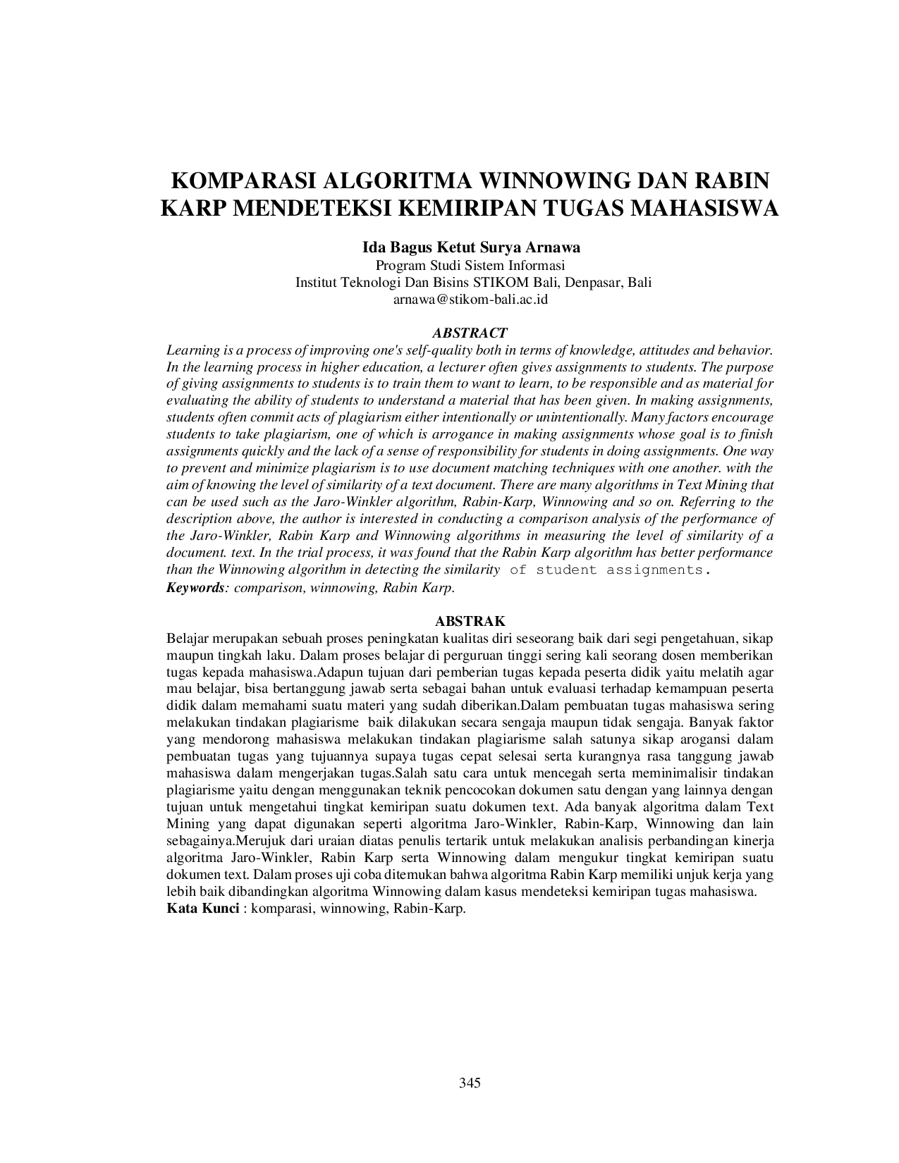 JURIS Komparasi Algoritma Winnowing Dan Rabin Karp Mendeteksi Kemiripan Tugas Mahasiswa