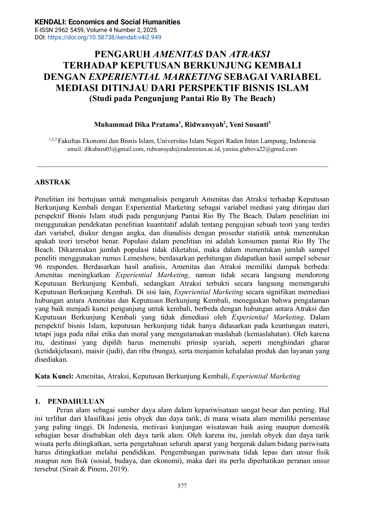 JURIS Pengaruh Amenitas Dan Atraksi Terhadap Keputusan Berkunjung Kembali Dengan Experiential Marketing Sebagai Variabel Mediasi Ditinjau Dari Perspektif Bisnis Islam Studi Pada Pengunjung Pantai Rio By Th