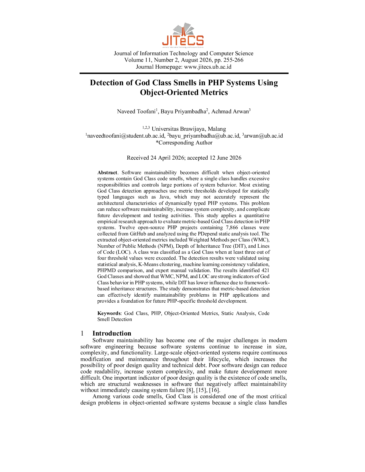 JURIS Detection of God Class Smells in PHP Systems Using Object Oriented Metrics