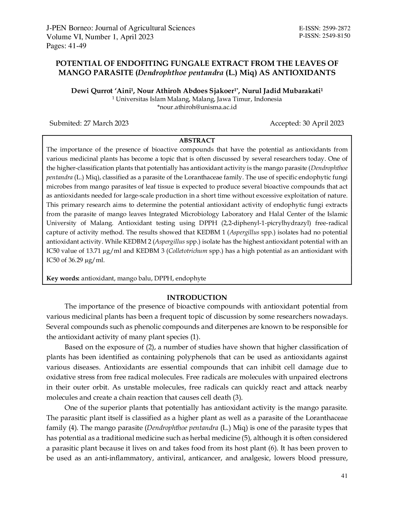 JURIS POTENTIAL OF ENDOFITING FUNGALE EXTRACT FROM THE LEAVES OF MANGO PARASITE Dendrophthoe pentandra L Miq AS ANTIOXIDANTS
