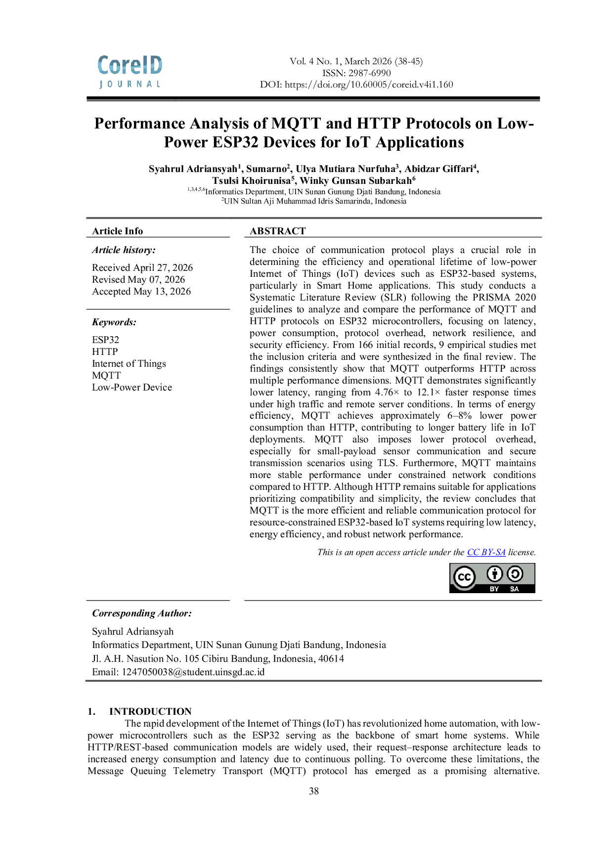 JURIS Performance Analysis of MQTT and HTTP Protocols on Low Power ESP32 Devices for IoT Applications