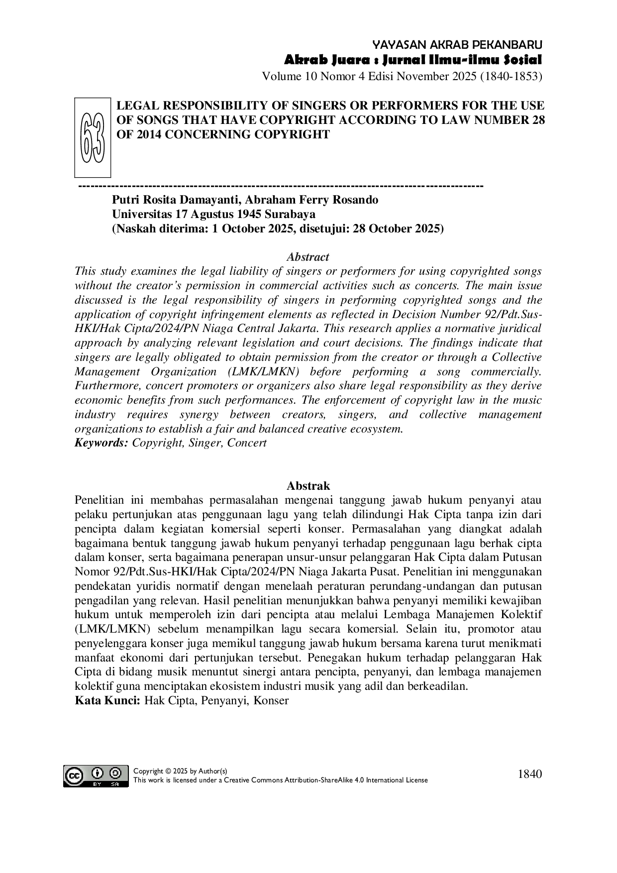 JURIS LEGAL RESPONSIBILITY OF SINGERS OR PERFORMERS FOR THE USE OF SONGS THAT HAVE COPYRIGHT ACCORDING TO LAW NUMBER 28 OF 2014 CONCERNING COPYRIGHT
