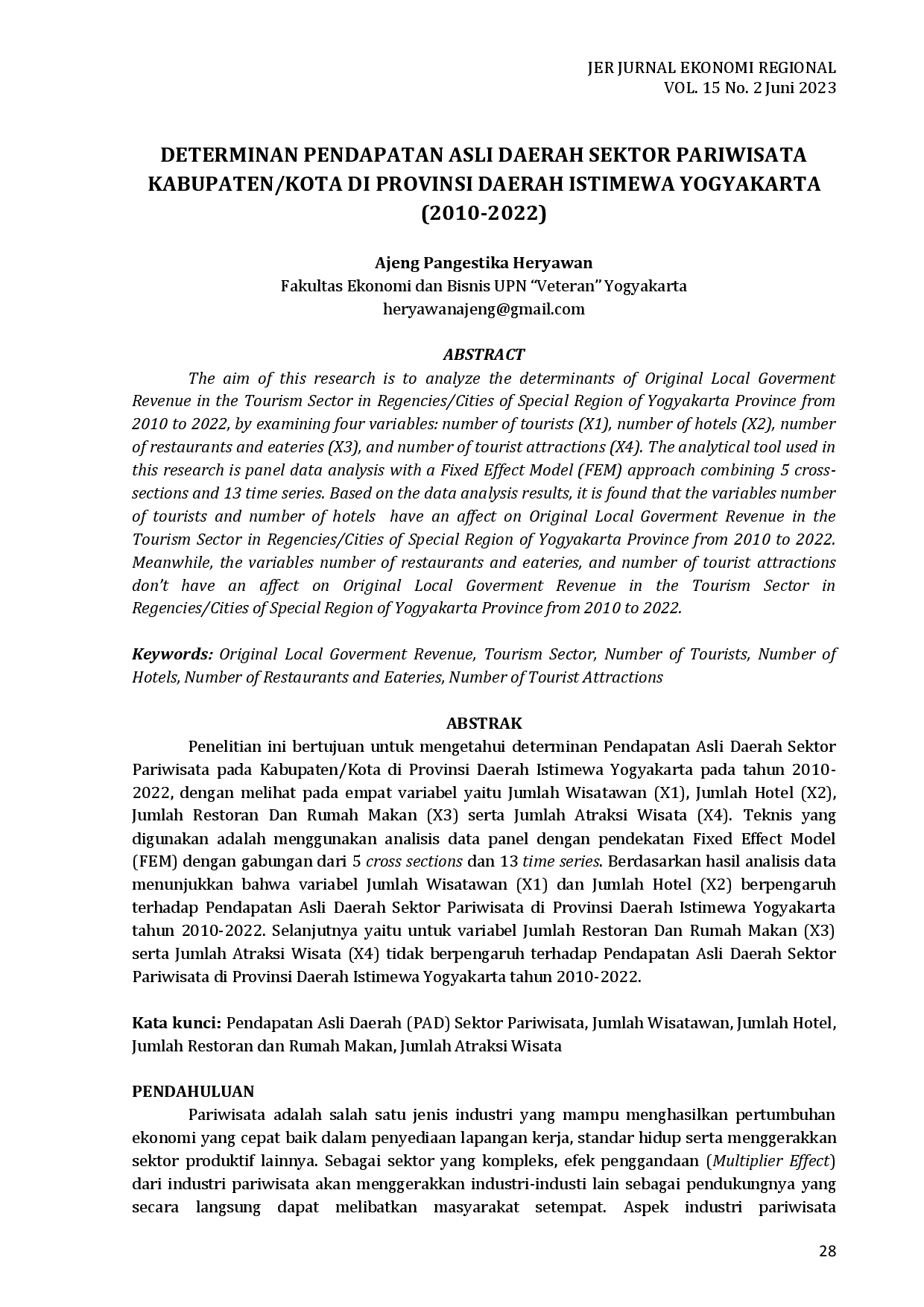 juris Determinan pendapatan asli daerah sektor pariwisata kabupaten kota di provinsi daerah istimewa yogyakarta 2010 2022