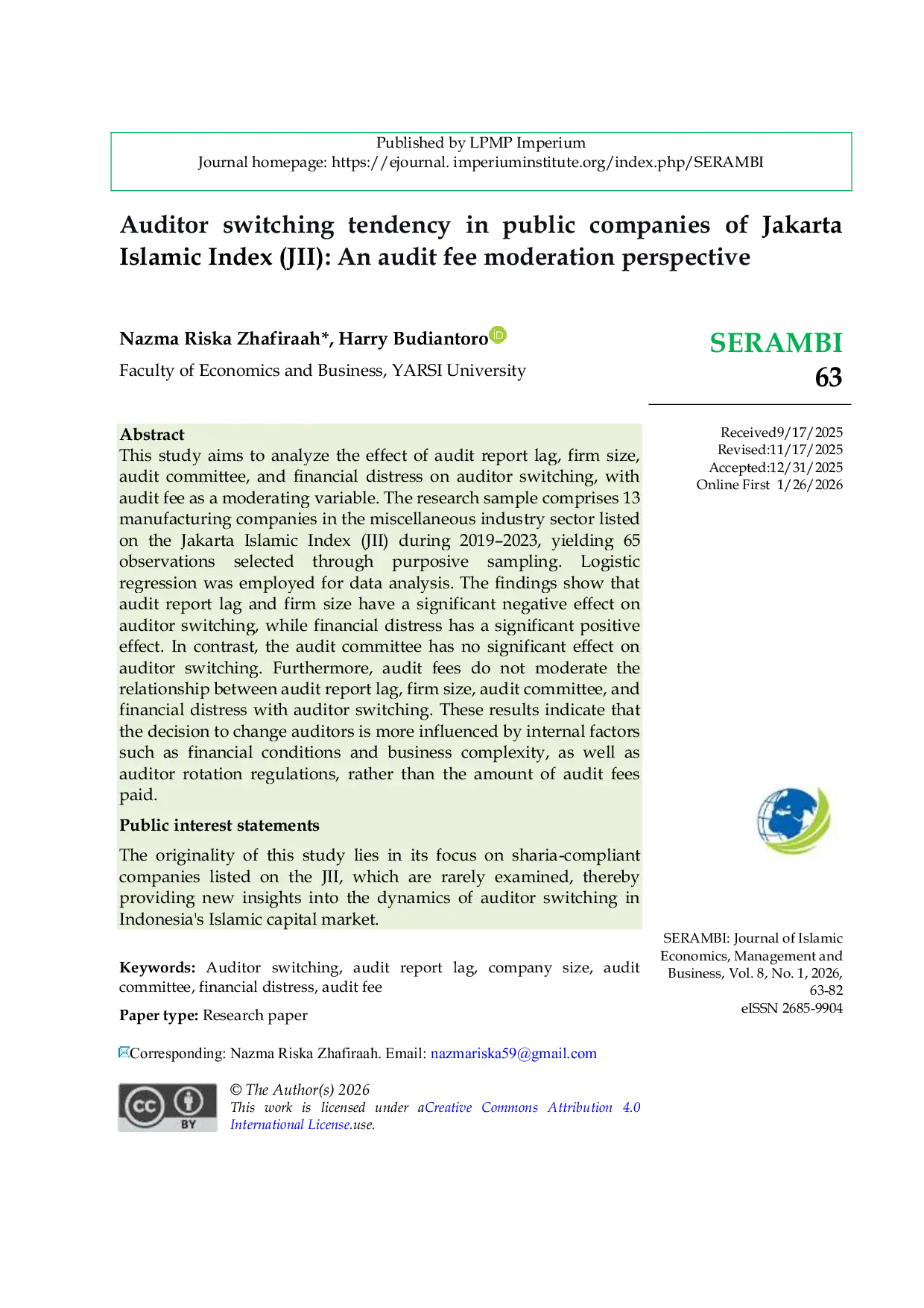 JURIS Auditor switching tendency in public companies of Jakarta Islamic Index JII An audit fee moderation perspective
