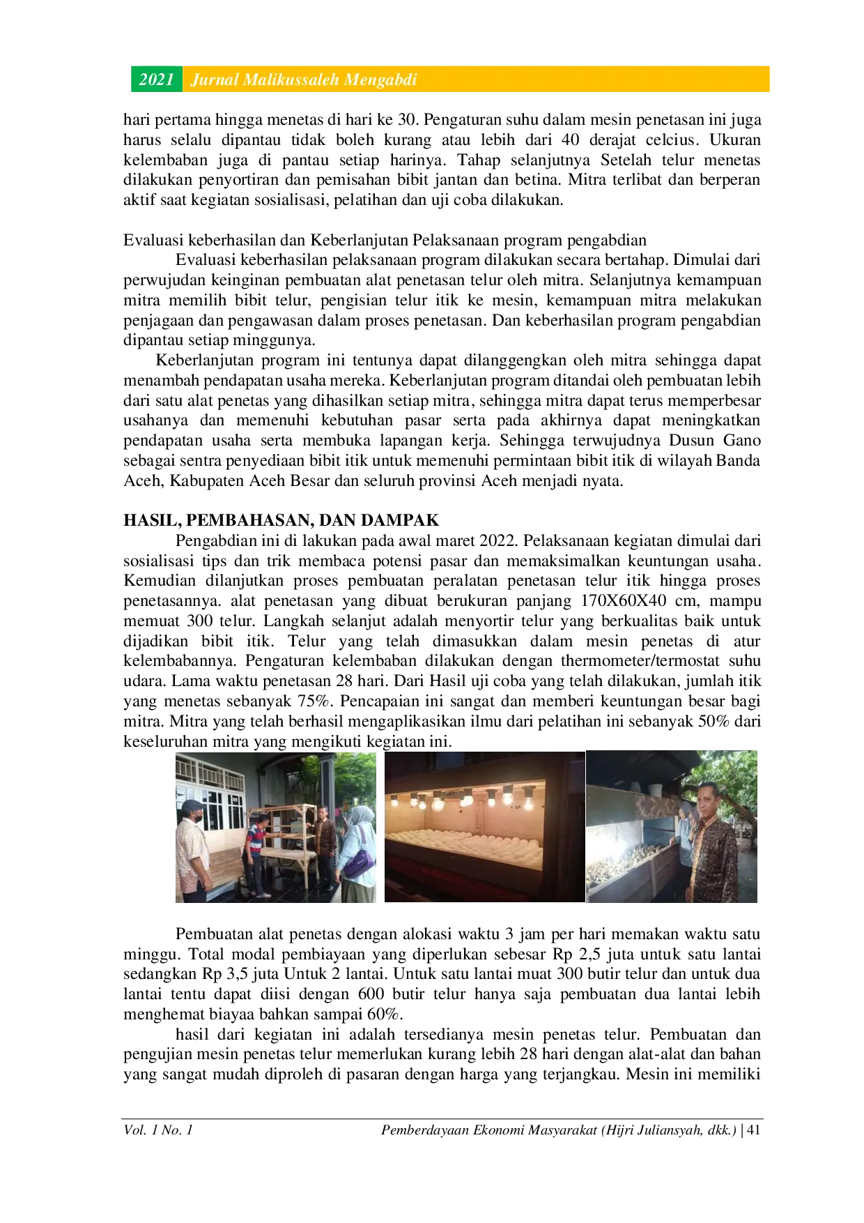 JURIS Pemberdayaan Ekonomi Masyarakat Melalui Penggunaan Mesin Penetas Telur Itik di Desa Lamdingin Kecamatan Kuta Alam Banda Aceh