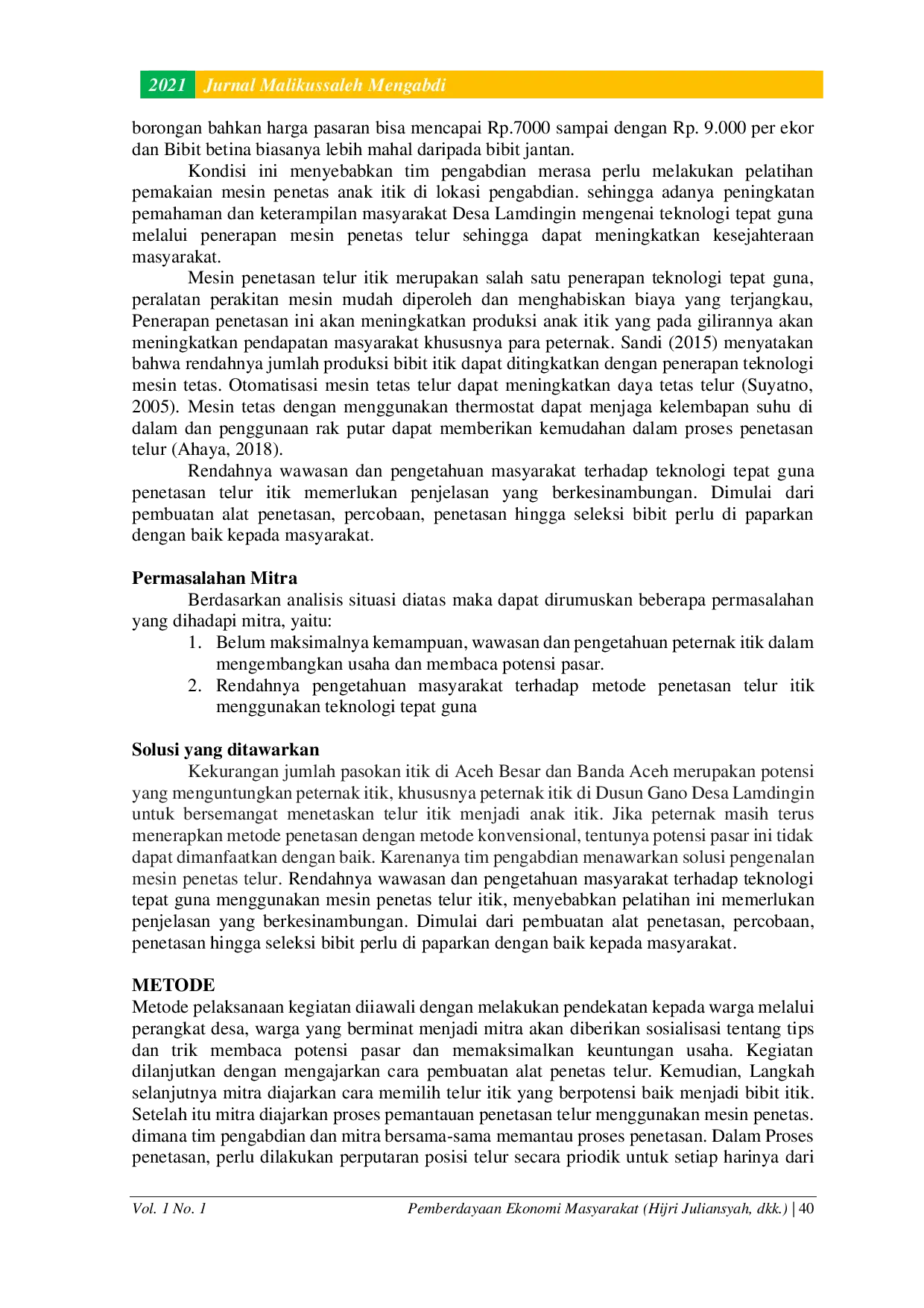 JURIS Pemberdayaan Ekonomi Masyarakat Melalui Penggunaan Mesin Penetas Telur Itik di Desa Lamdingin Kecamatan Kuta Alam Banda Aceh