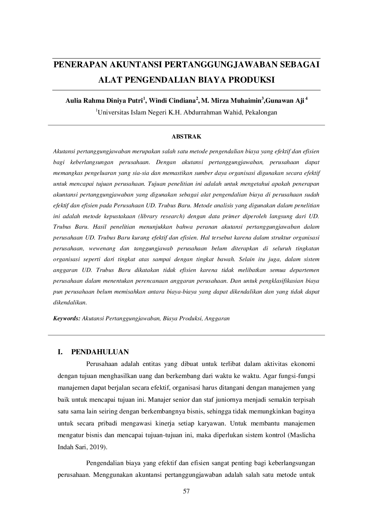juris Penerapan Akuntansi Pertanggungjawaban Sebagai Alat Pengendalian Biaya Produksi