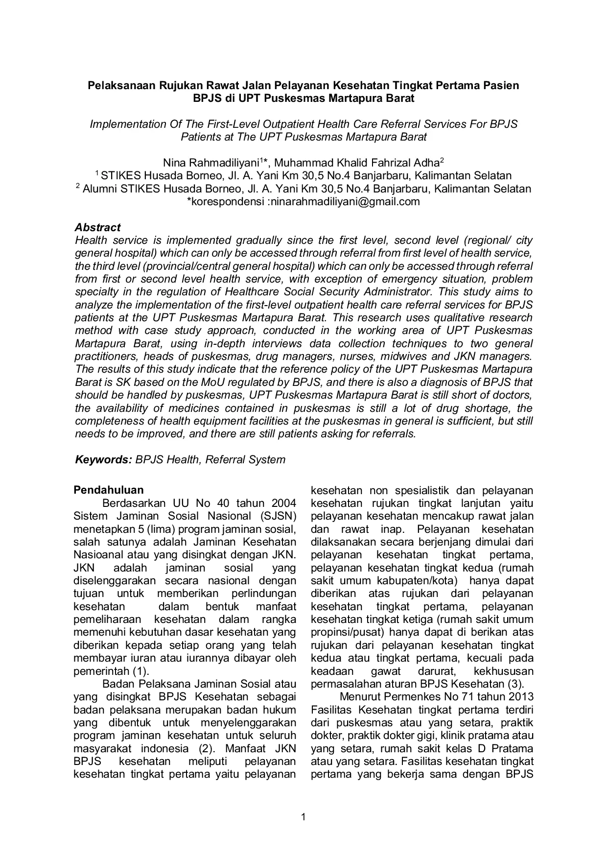 JURIS Pelaksanaan Rujukan Rawat Jalan Pelayanan Kesehatan Tingkat Pertama Pasien BPJS di UPT Puskesmas Martapura Barat