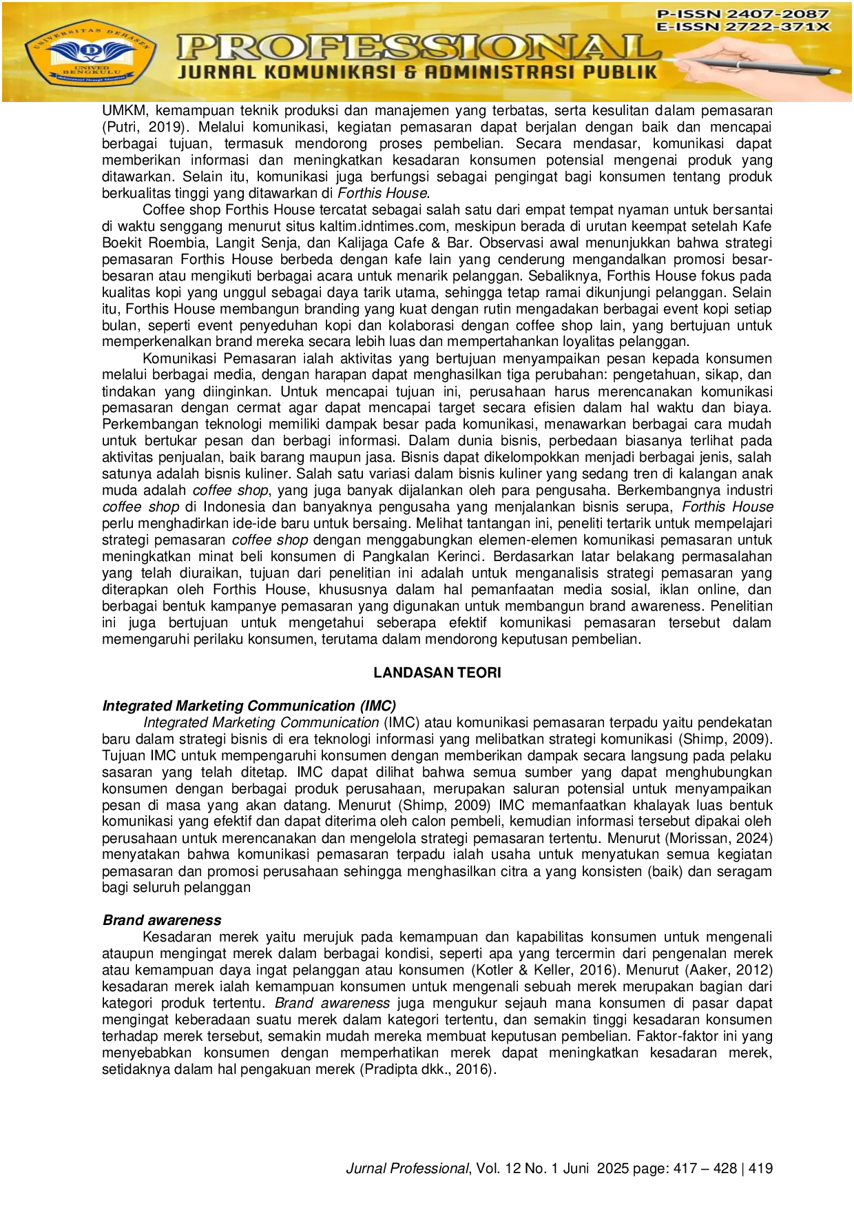 JURIS Strategi Komunikasi Pemasaran Dalam Meningkatkan Brand Awareness Pada Forthis House