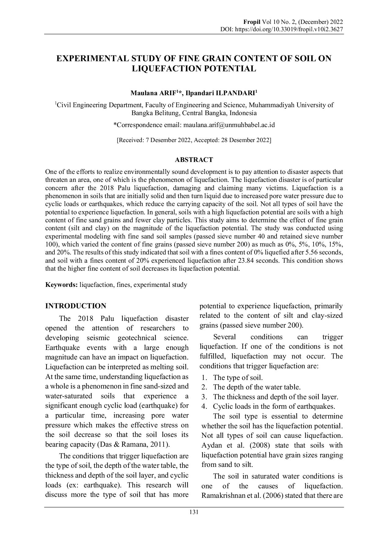 JURIS Experimental Study of Fine Grain Content of Soil on Liquefaction Potential