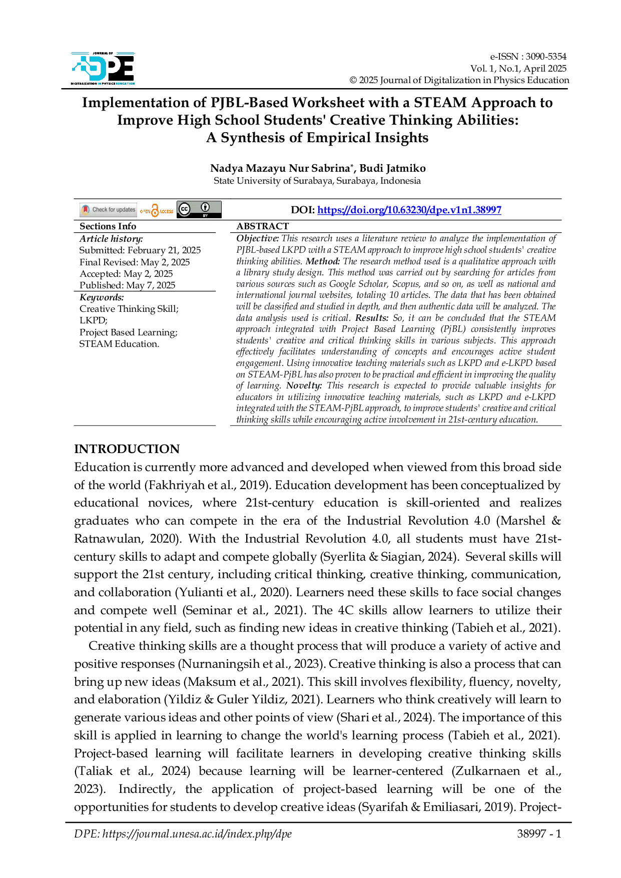 JURIS Implementation of PJBL Based Worksheet with a STEAM Approach to Improve High School Students Creative Thinking Abilities A Synthesis of Empirical Insights