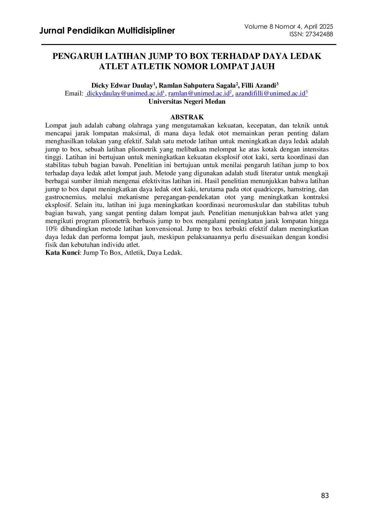 JURIS Pengaruh Latihan Jump To Box Terhadap Daya Ledak Atlet Atletik Nomor Lompat Jauh