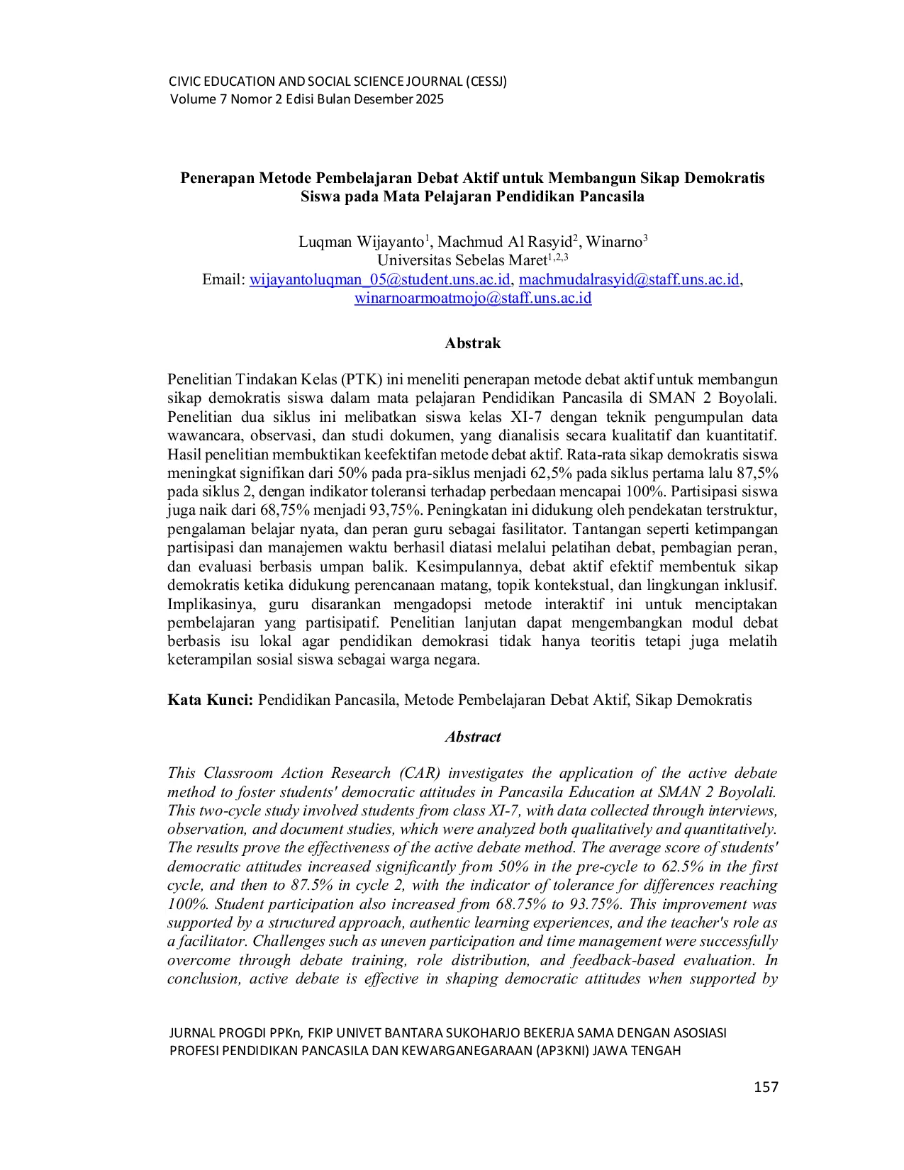 JURIS Penerapan Metode Pembelajaran Debat Aktif untuk Membangun Sikap Demokratis Siswa pada Mata Pelajaran Pendidikan Pancasila