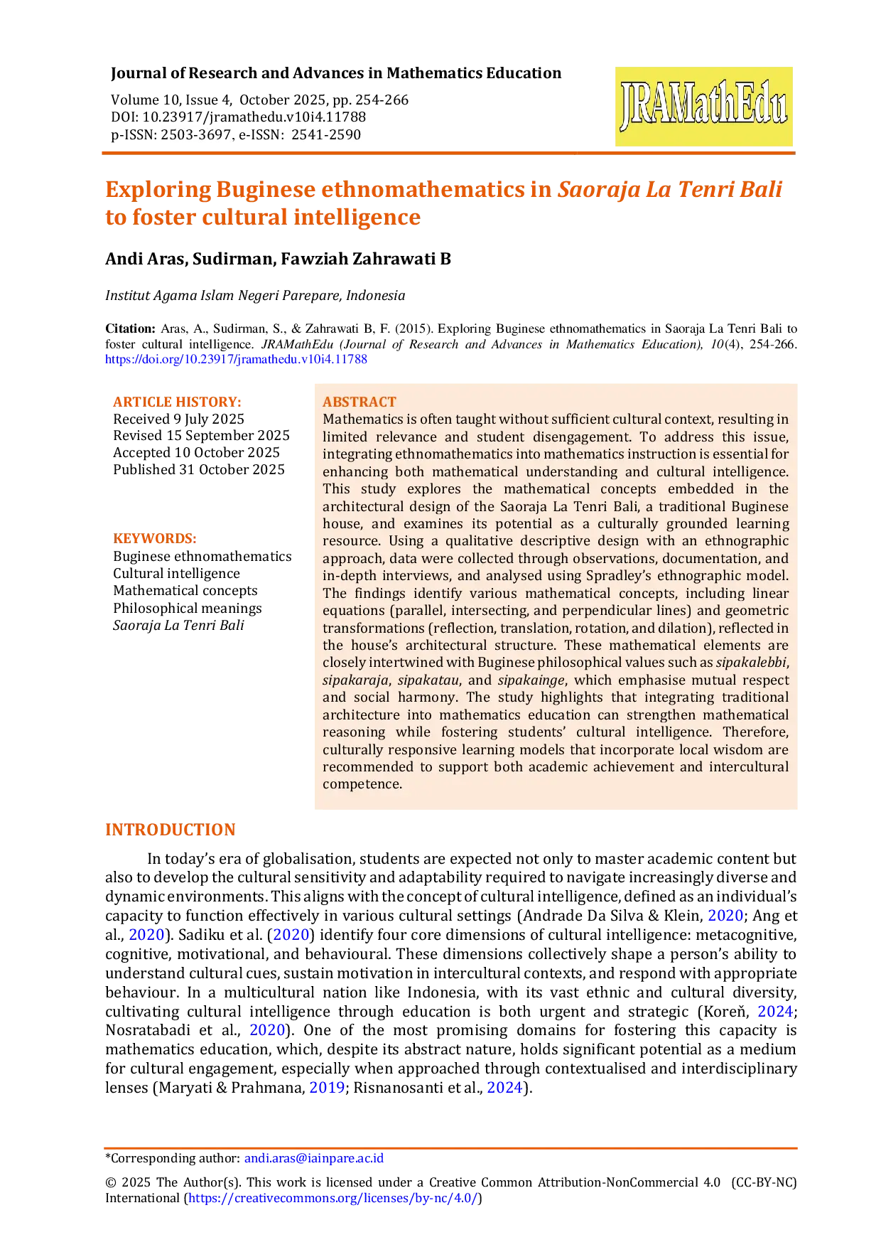 JURIS Exploring Buginese ethnomathematics in Saoraja La Tenri Bali to foster cultural intelligence