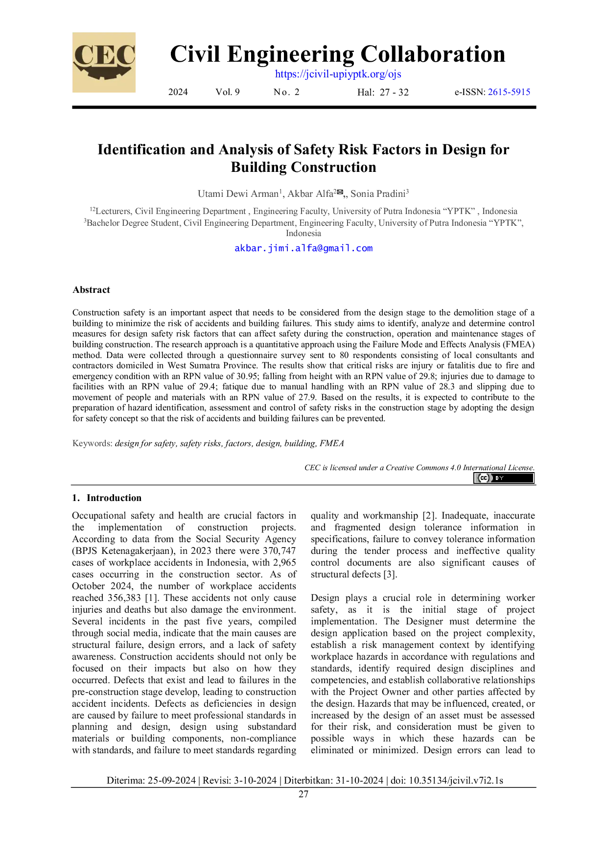 JURIS Identification and Analysis of Safety Risk Factors in Design for Building Construction