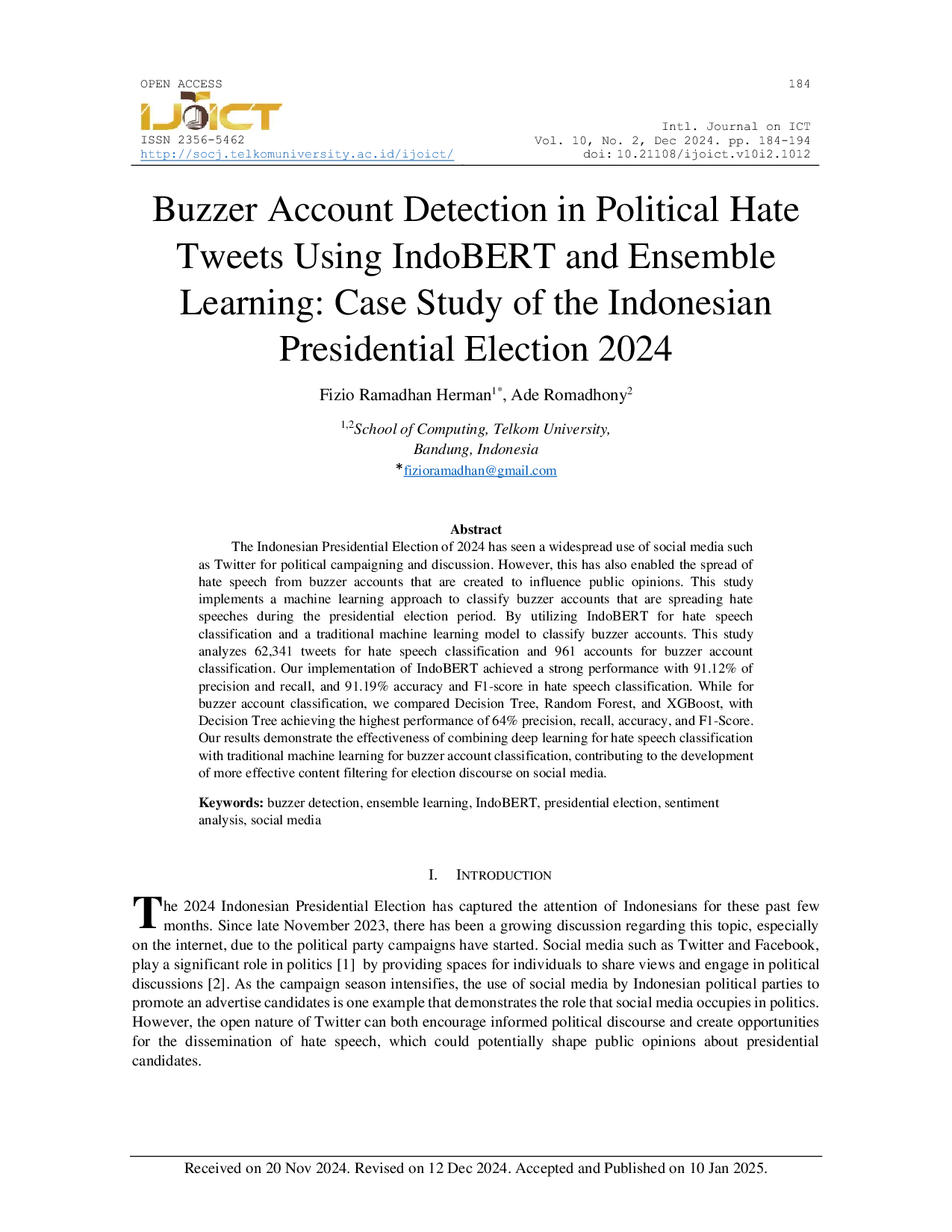 JURIS Buzzer Account Detection in Political Hate Tweets Case Study of the Indonesian Presidential Election 2024