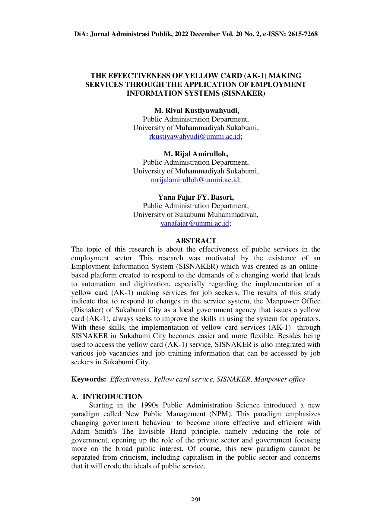 JURIS The Effectiveness Of Yellow Card Ak 1 Making Services Through The Application Of Employment Information Systems Sisnaker