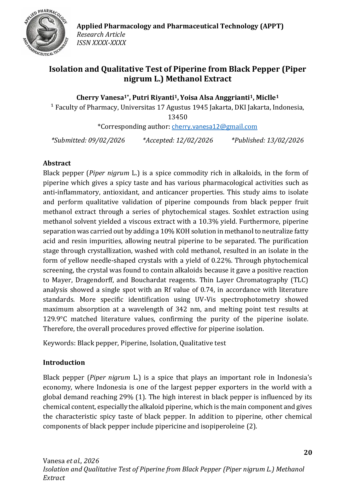 JURIS Isolation and Qualitative Test of Piperine from Black Pepper Piper nigrum L Methanol Extract