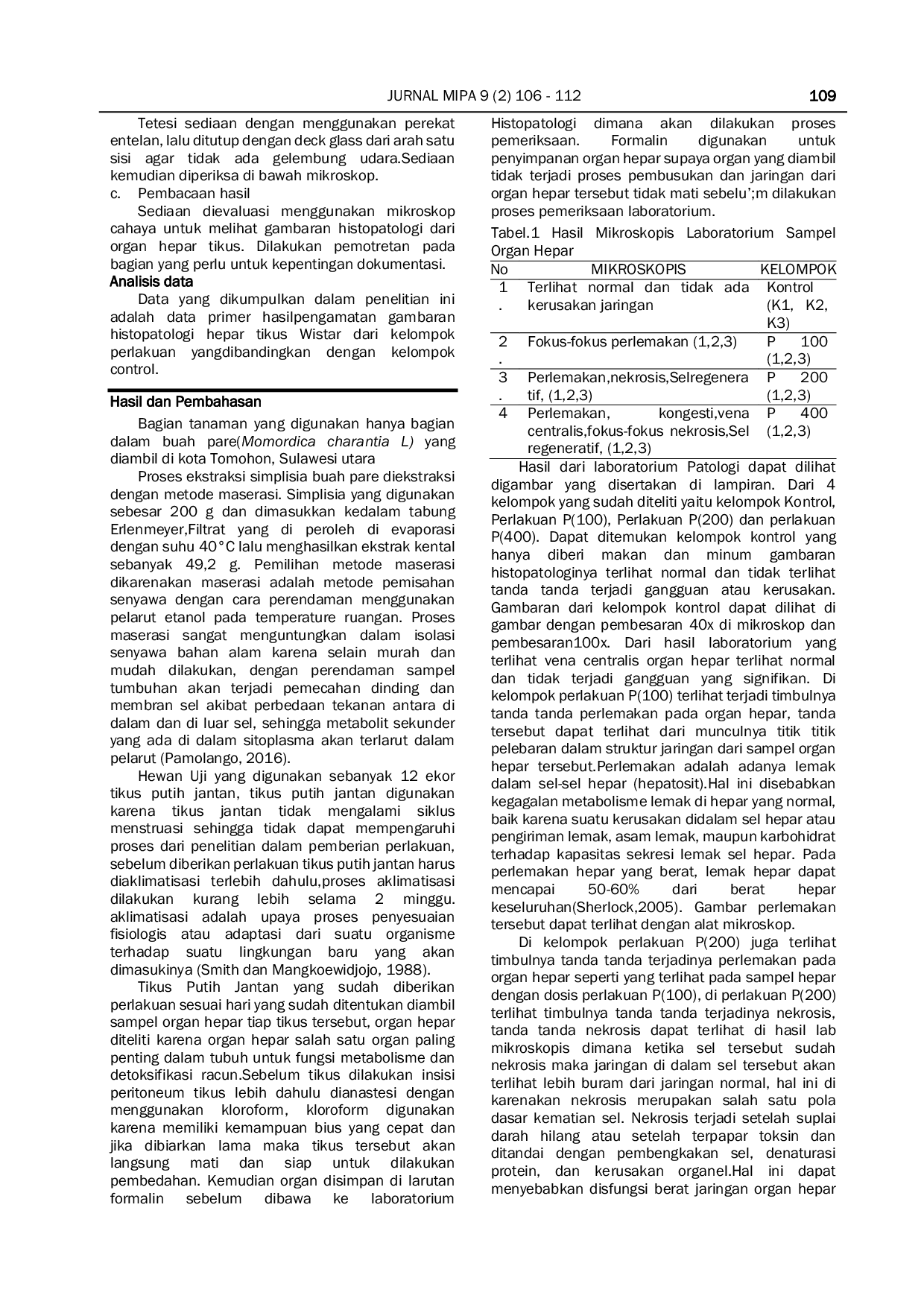 JURIS Efek Pemberian Ekstrak Etanol Buah Pare Momordica Charantia L Terhadap Gambaran Histopatologi Organ Hepar Pada Tikus Putih Jantan Galur Wistar Rattus Novergicus L