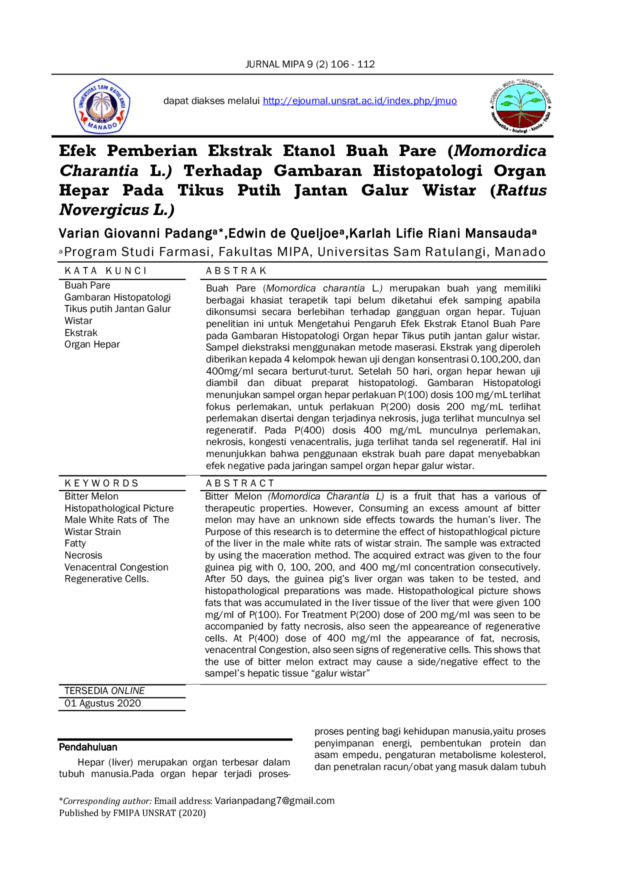 JURIS Efek Pemberian Ekstrak Etanol Buah Pare Momordica Charantia L Terhadap Gambaran Histopatologi Organ Hepar Pada Tikus Putih Jantan Galur Wistar Rattus Novergicus L