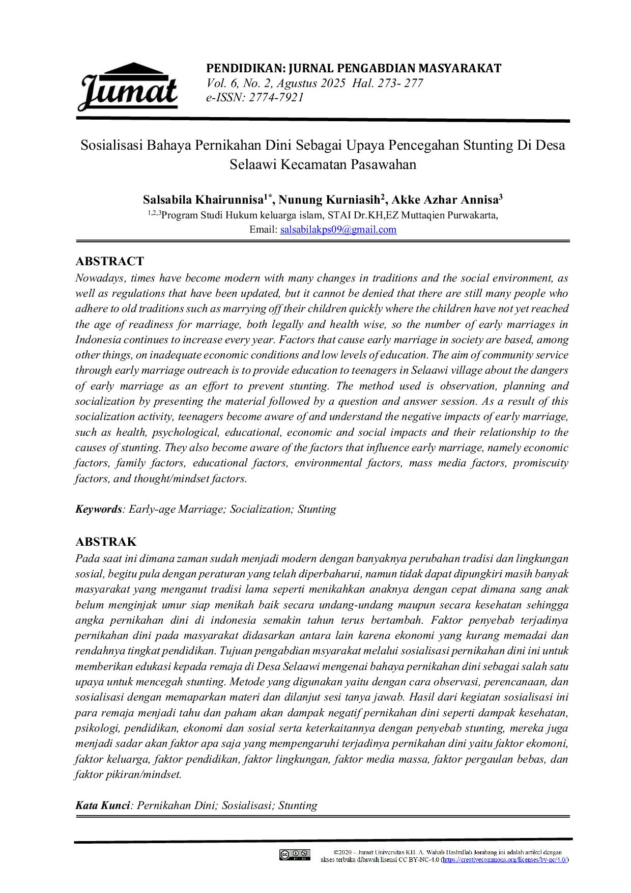 JURIS Sosialisasi Bahaya Pernikahan Dini Sebagai Upaya Pencegahan Stunting Di Desa Selaawi Kecamatan Pasawahan