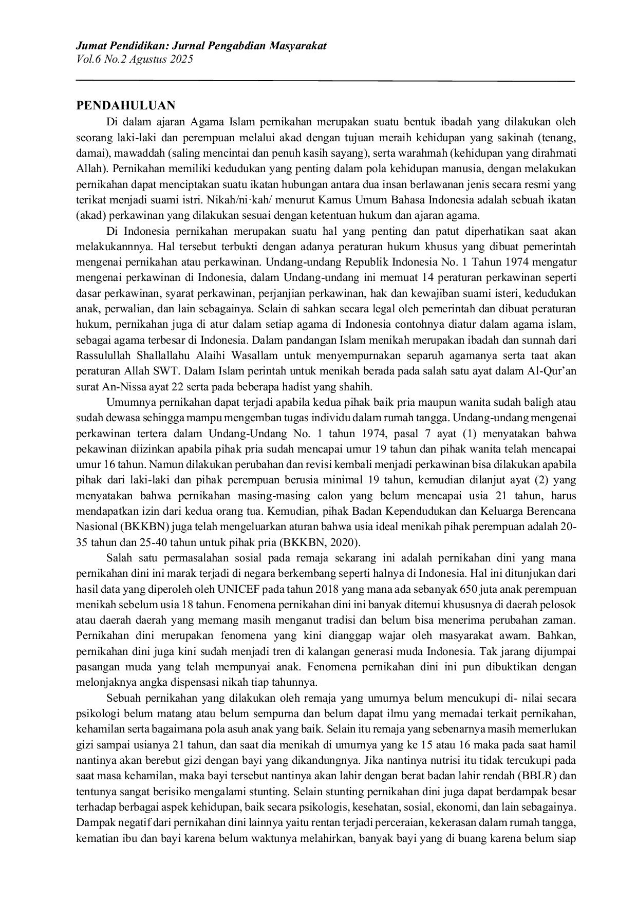 JURIS Sosialisasi Bahaya Pernikahan Dini Sebagai Upaya Pencegahan Stunting Di Desa Selaawi Kecamatan Pasawahan