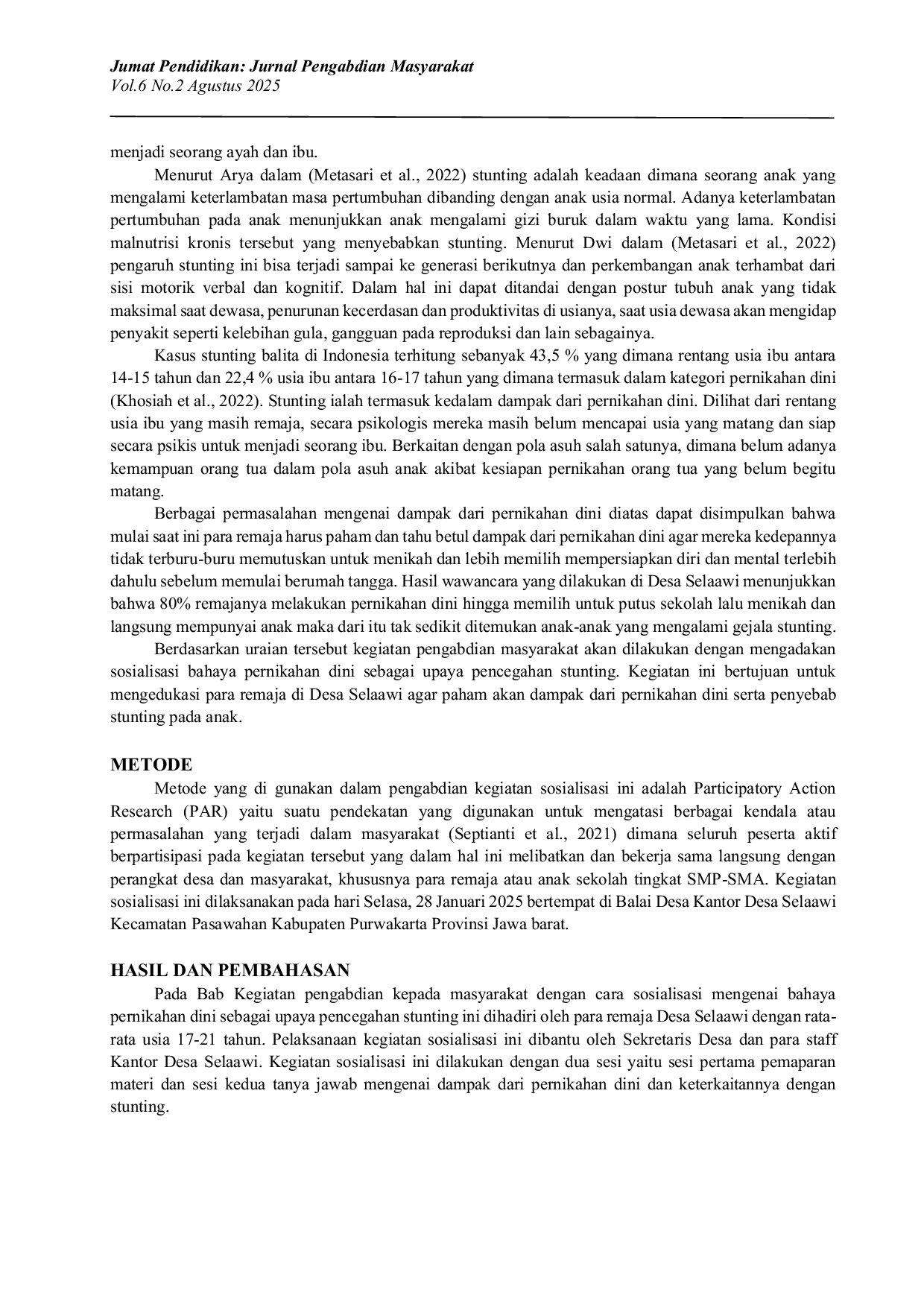 JURIS Sosialisasi Bahaya Pernikahan Dini Sebagai Upaya Pencegahan Stunting Di Desa Selaawi Kecamatan Pasawahan