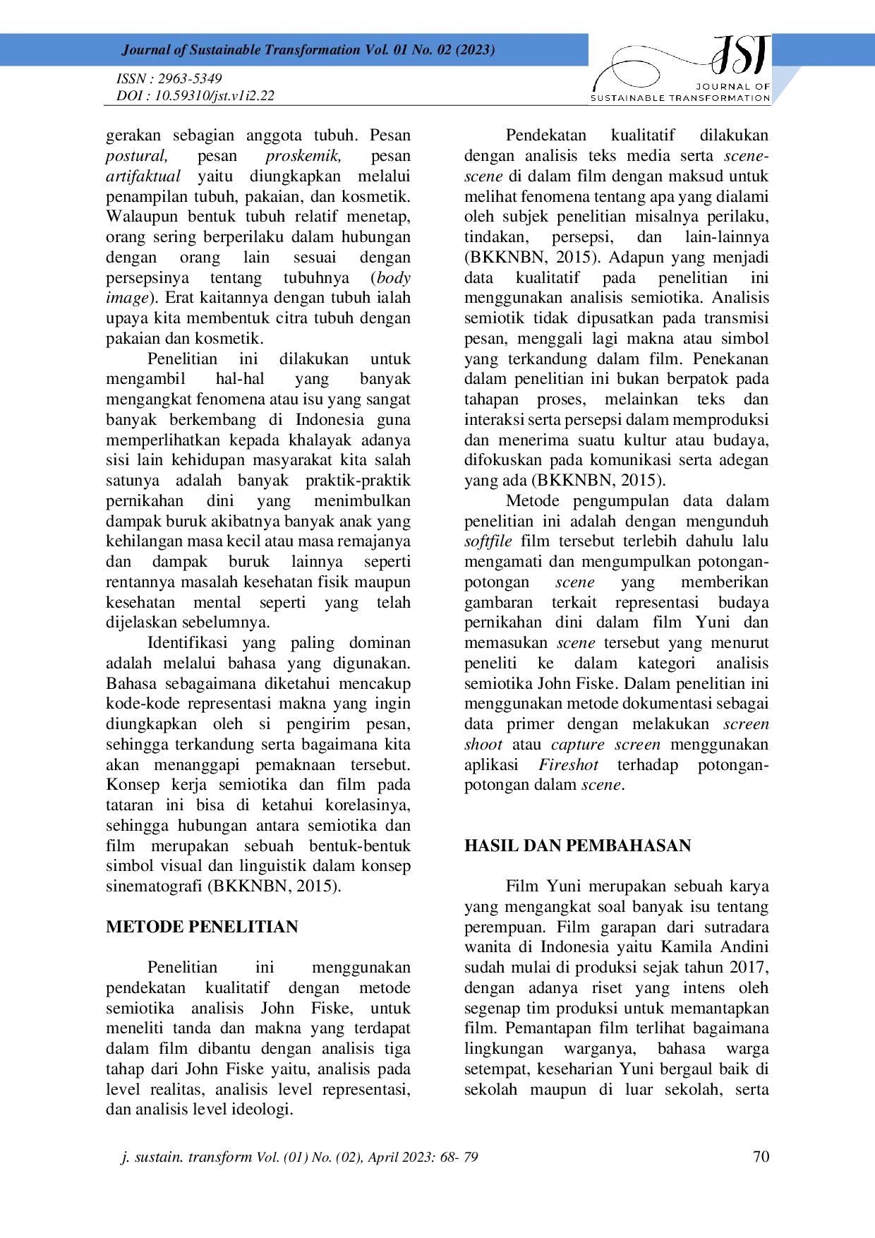 JURIS Analisis Semiotika Dalam Mempresentasikan Budaya Pernikahan Dini Pada Film Yuni