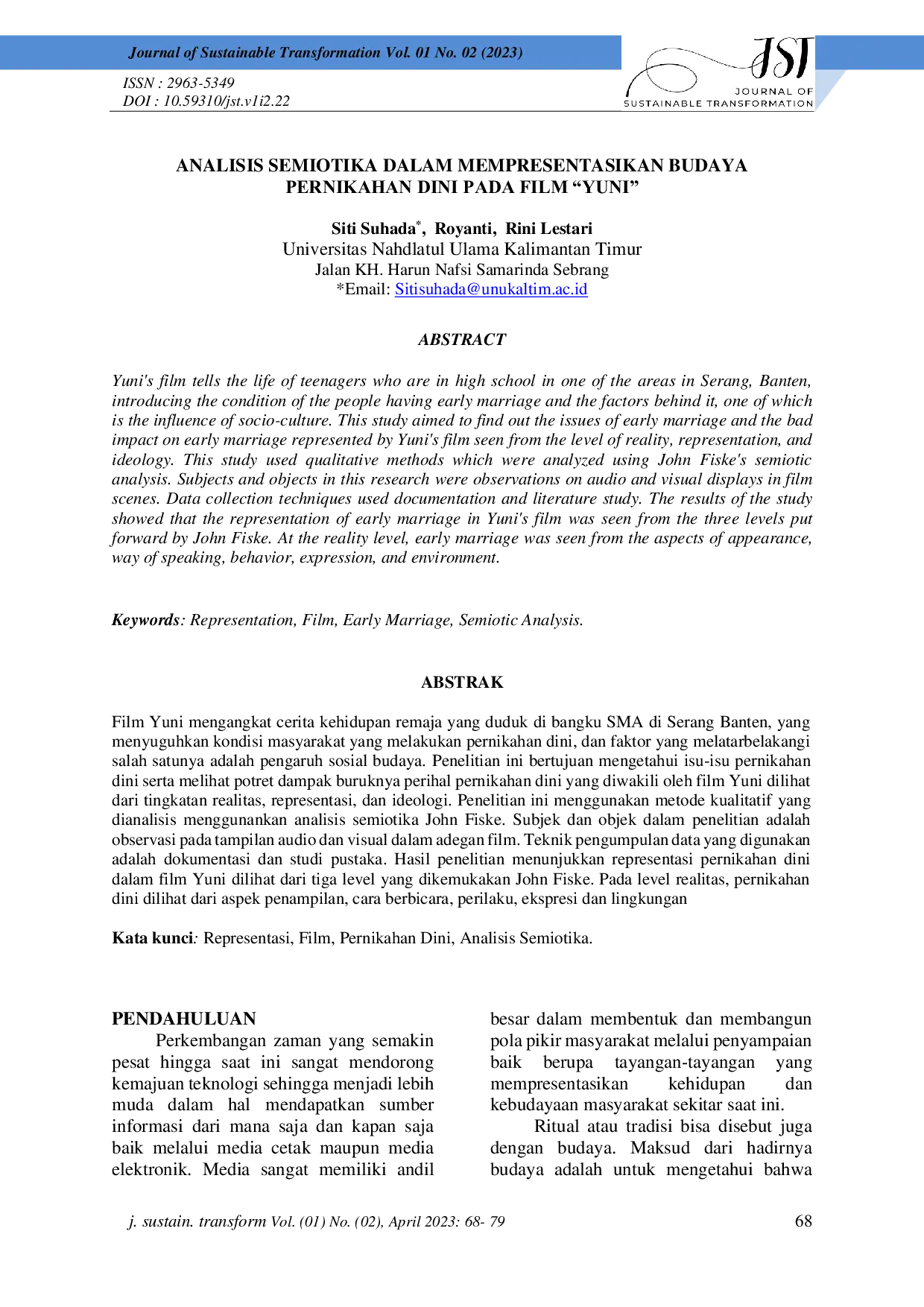 JURIS Analisis Semiotika Dalam Mempresentasikan Budaya Pernikahan Dini Pada Film Yuni