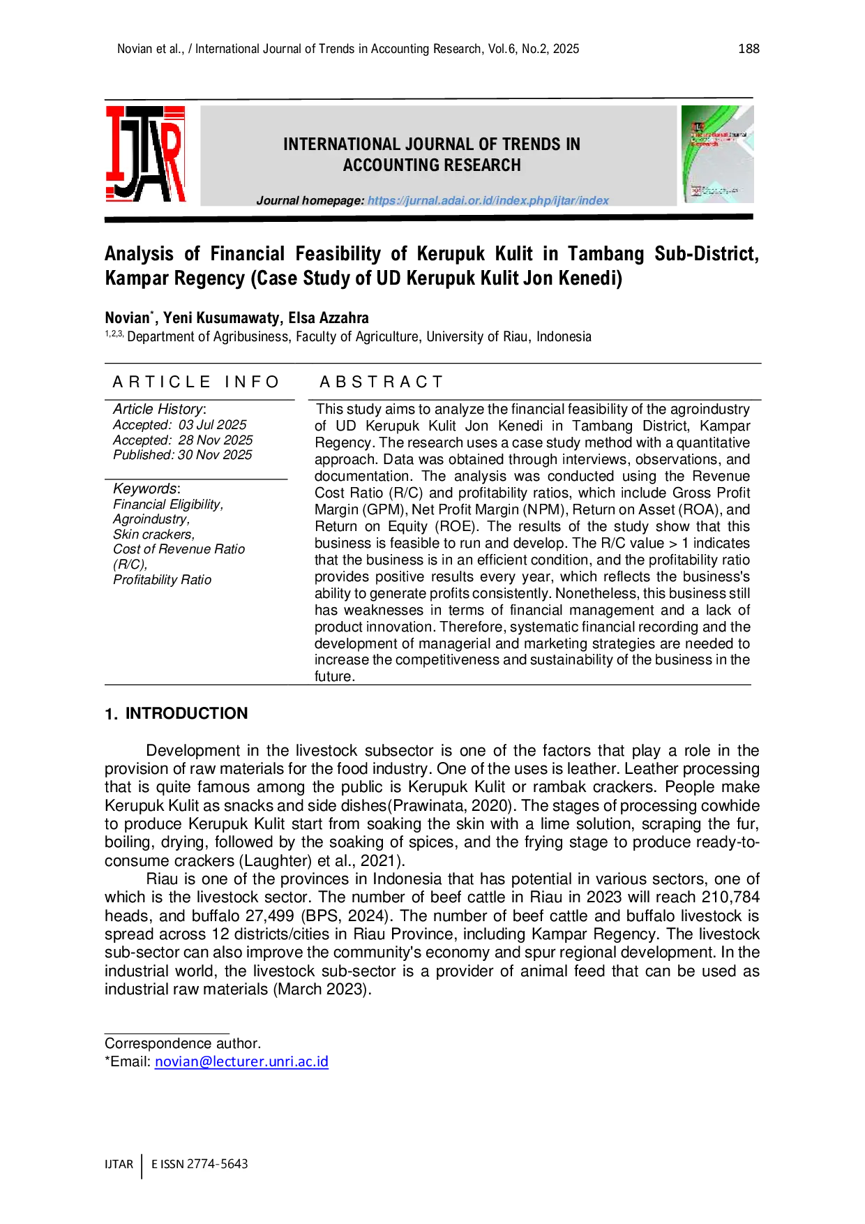 JURIS Analysis of Financial Feasibility of Kerupuk Kulit in Tambang Sub District Kampar Regency Case Study of UD Kerupuk Kulit Jon Kenedi