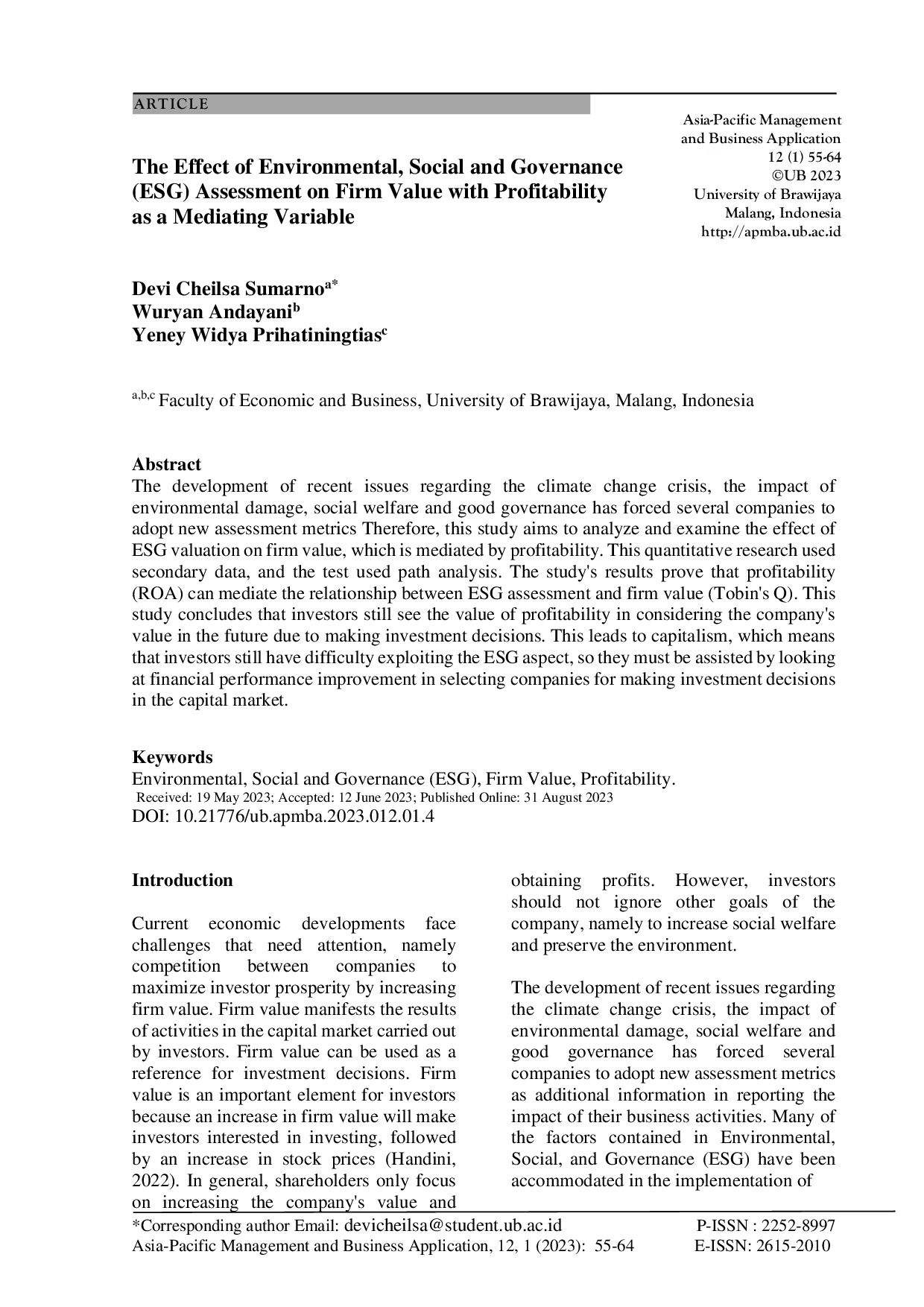 JURIS The Effect of Environmental Social and Governance ESG Assessment on Firm Value with Profitability as a Mediating Variable