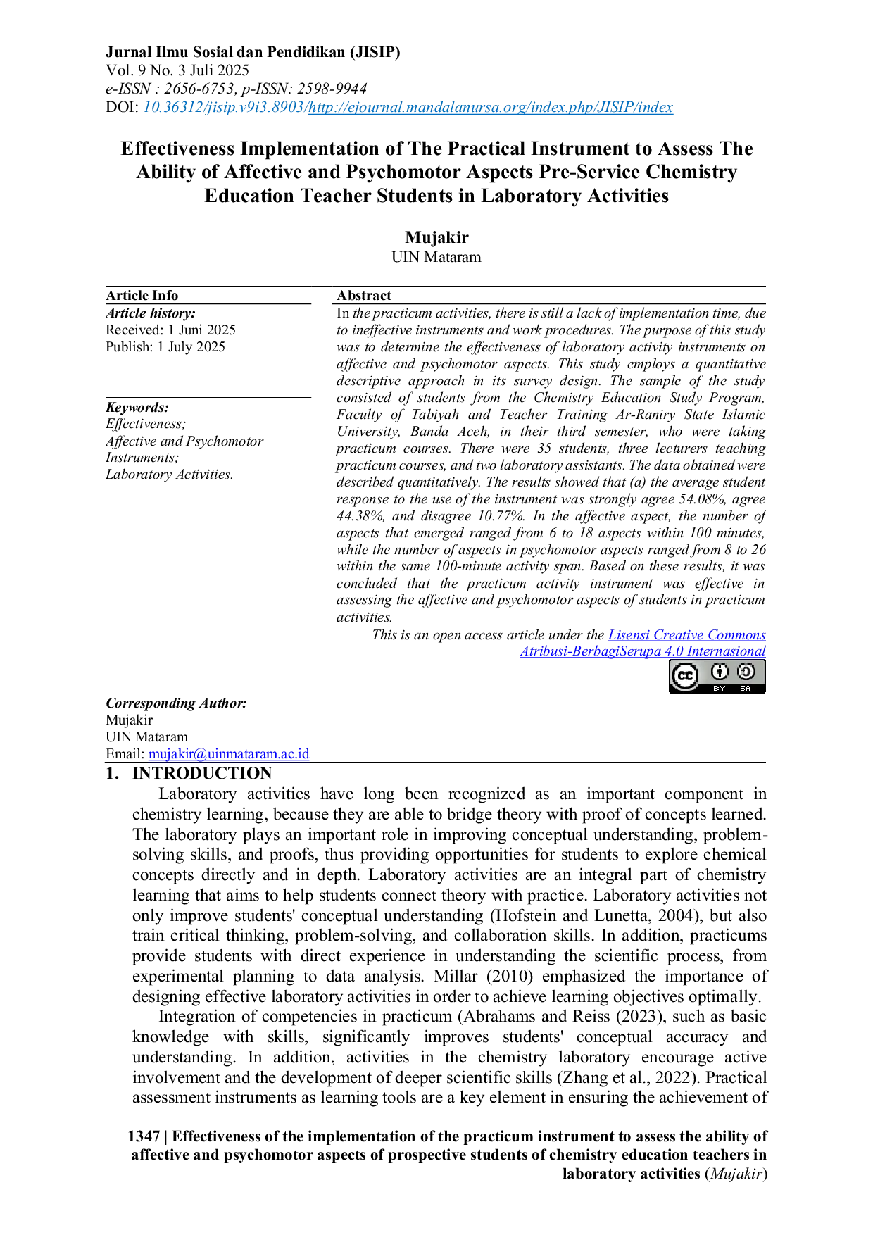 JURIS Effectiveness Implementation of The Practical Instrument to Assess The Ability of Affective and Psychomotor Aspects Pre Service Chemistry Education Teacher Students in Laboratory Activities
