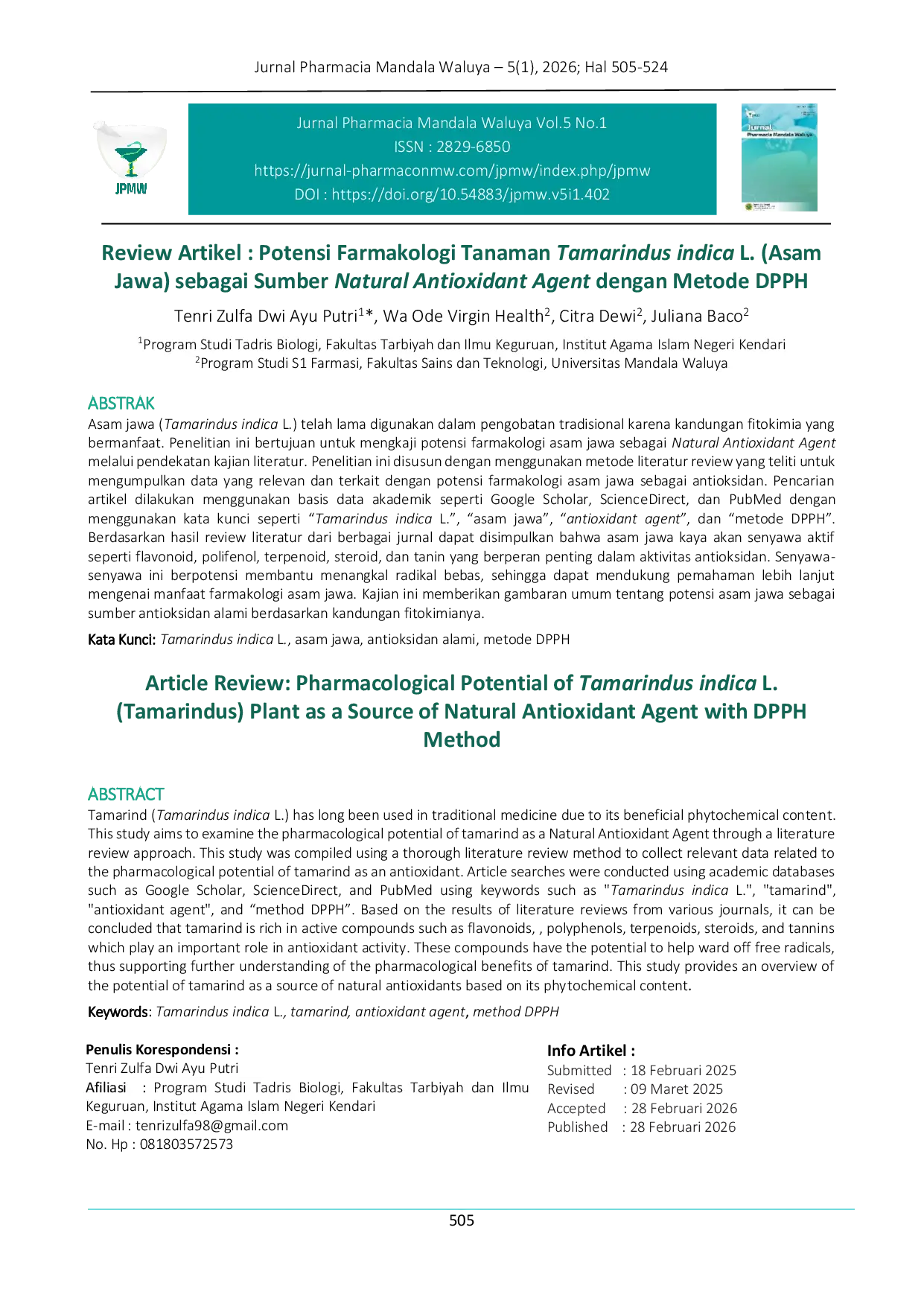 JURIS Review Artikel Potensi Farmakologi Tanaman Tamarindus indica L Asam Jawa sebagai Sumber Natural Antioxidant Agent dengan Metode DPPH
