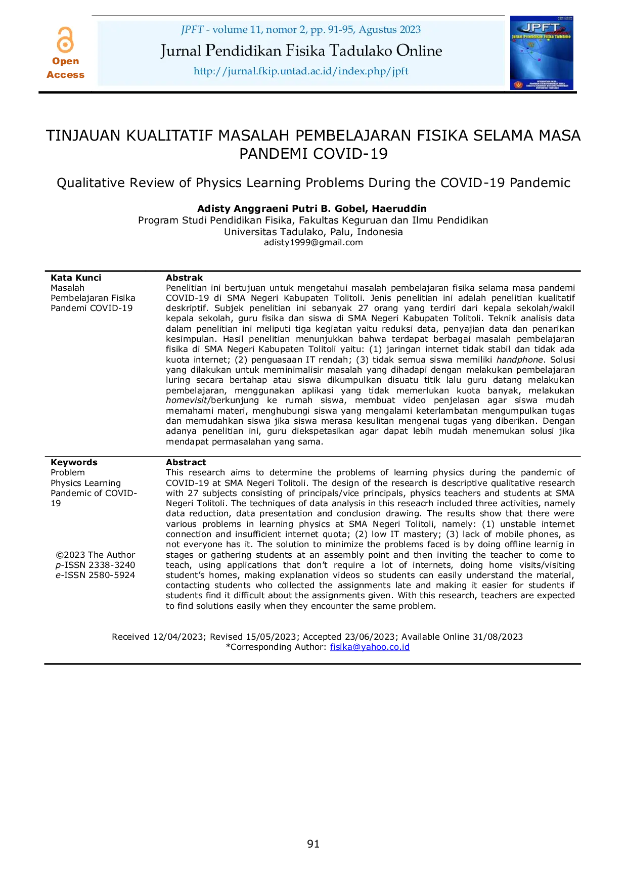 JURIS Tinjauan Kualitatif Masalah Pembelajaran Fisika Selama Masa Pandemi COVID 19