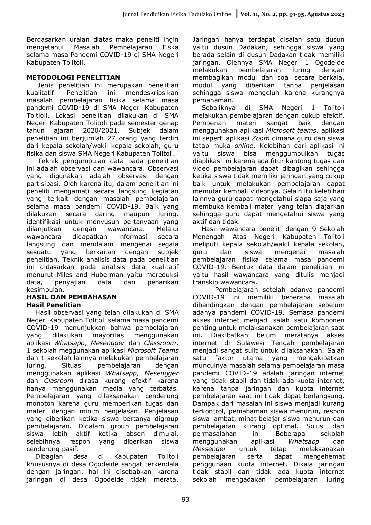 JURIS Tinjauan Kualitatif Masalah Pembelajaran Fisika Selama Masa Pandemi COVID 19