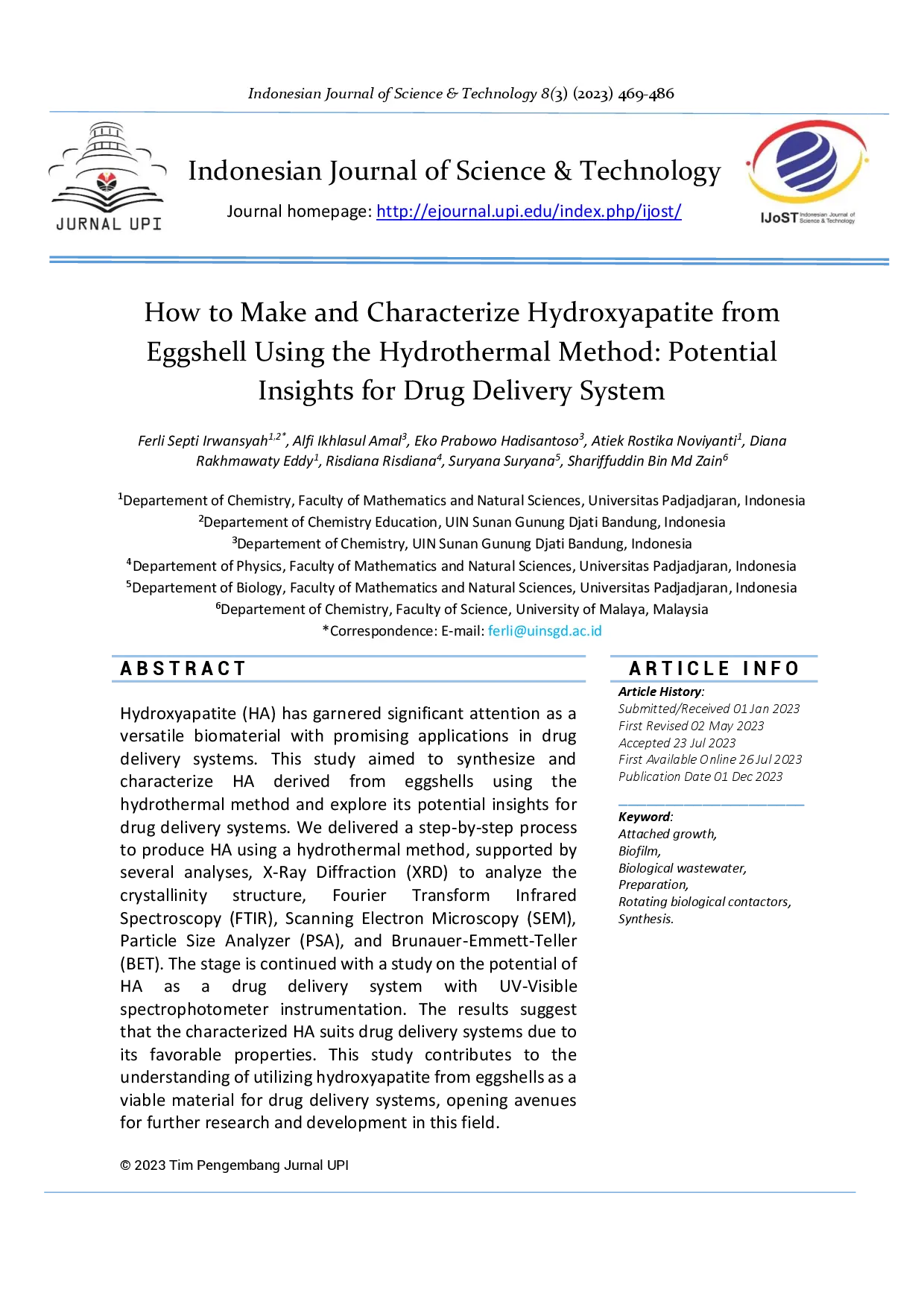 juris How to Make and Characterize Hydroxyapatite from Eggshell Using the Hydrothermal Method Potential Insights for Drug Delivery System