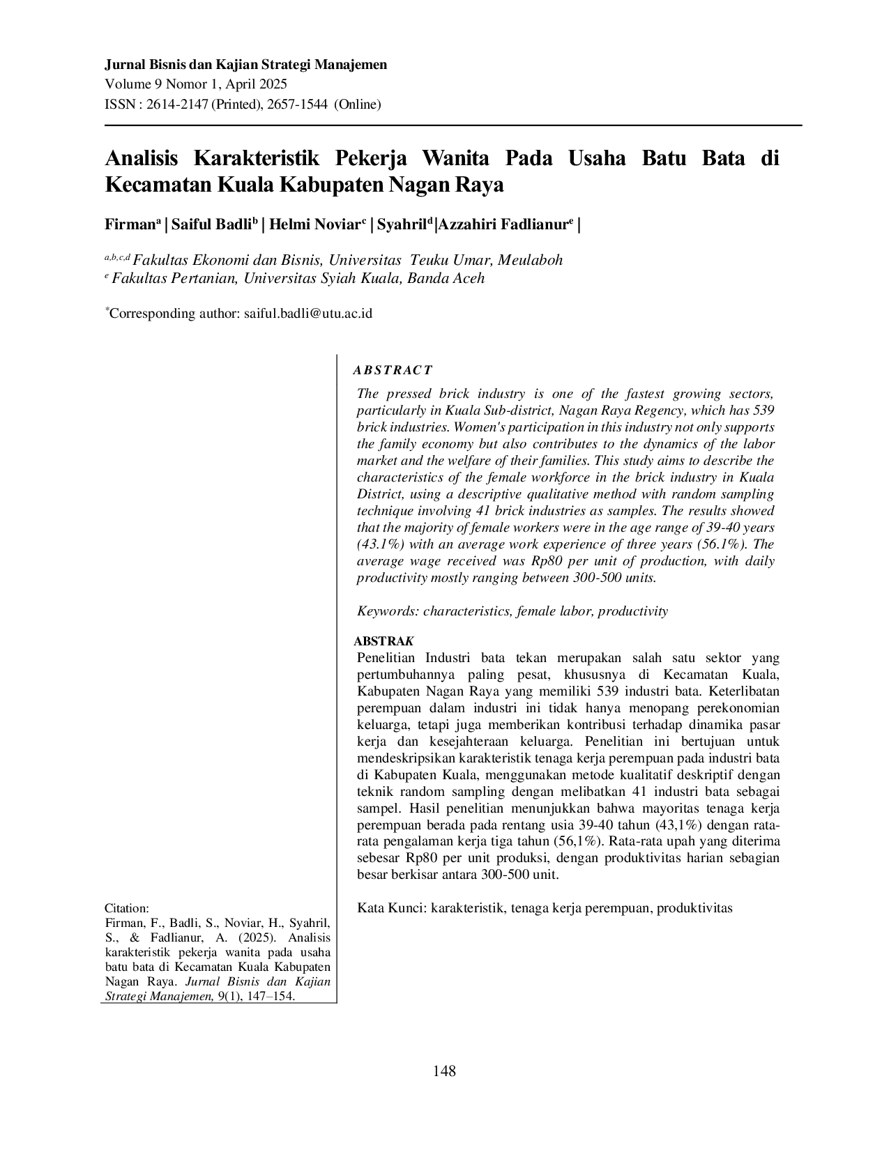 JURIS Analisis Karakteristik Pekerja Wanita Pada Usaha Batu Bata di Kecamatan Kuala Kabupaten Nagan Raya