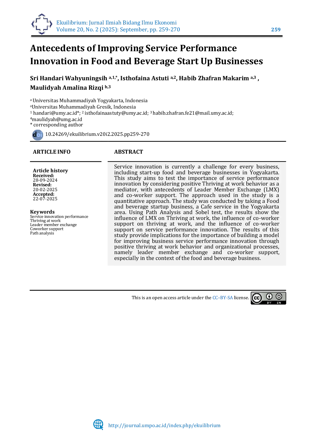 JURIS Antecedents of Improving Service Performance Innovation in Food and Beverage Start Up Businesses