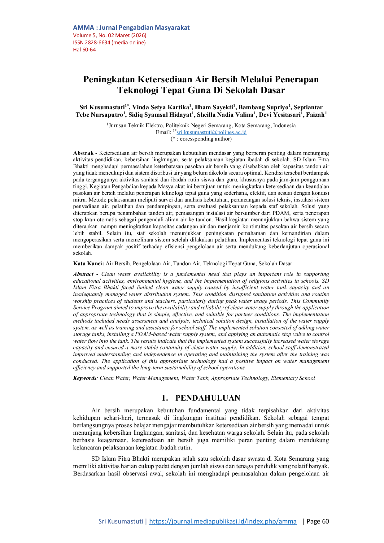 JURIS Peningkatan Ketersediaan Air Bersih Melalui Penerapan Teknologi Tepat Guna Di Sekolah Dasar