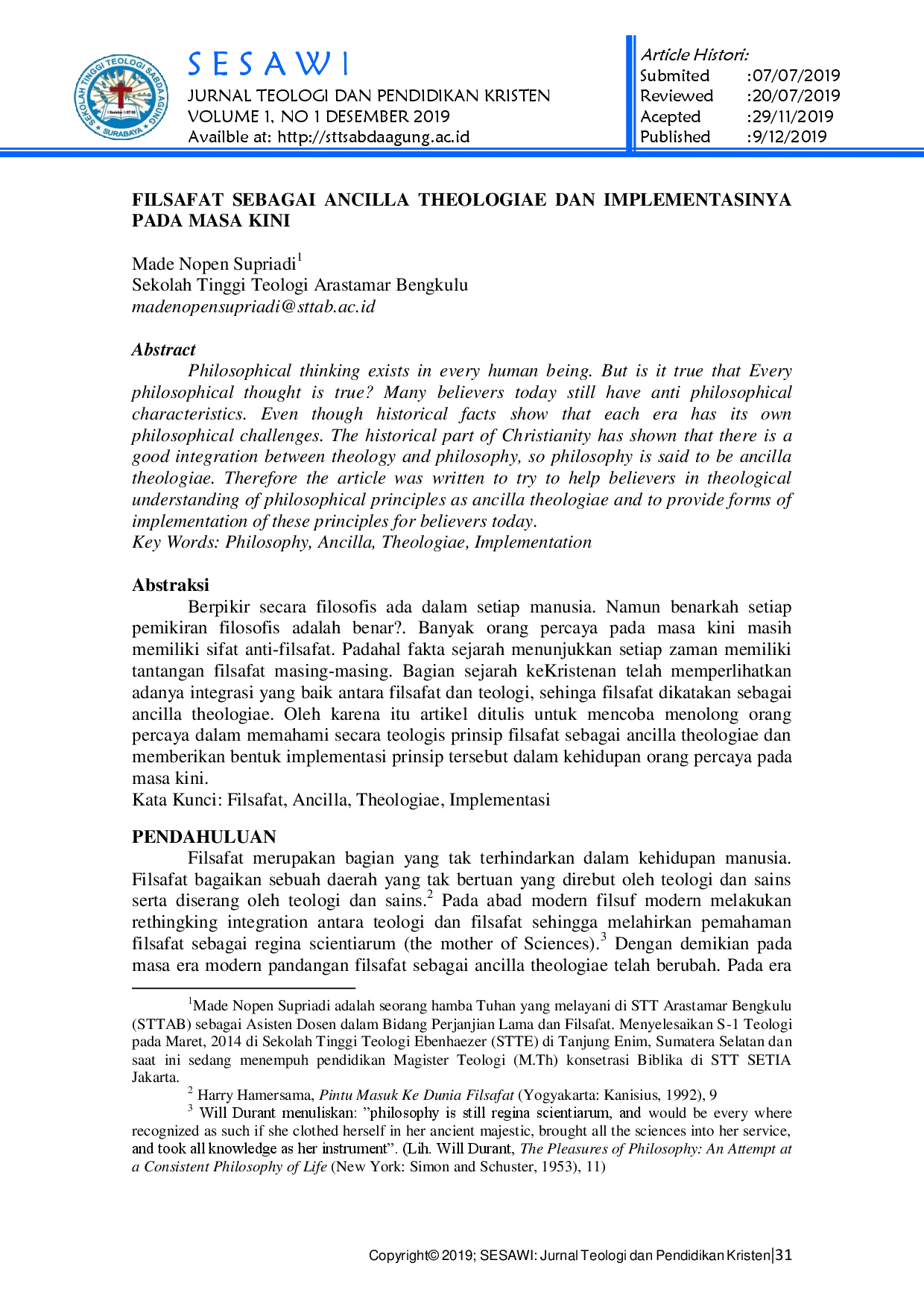 juris Filsafat Sebagai Ancilla Theologiae dan Implementasinya Pada Masa Kini