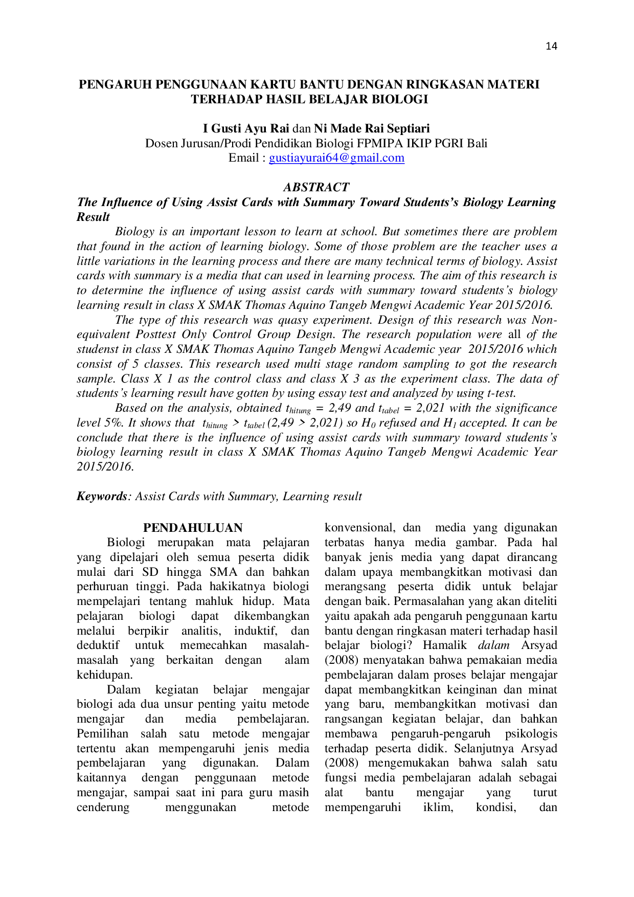 JURIS Pengaruh Penggunaan Kartu Bantu dengan Ringkasan Materi terhadap Hasil Belajar Biologi