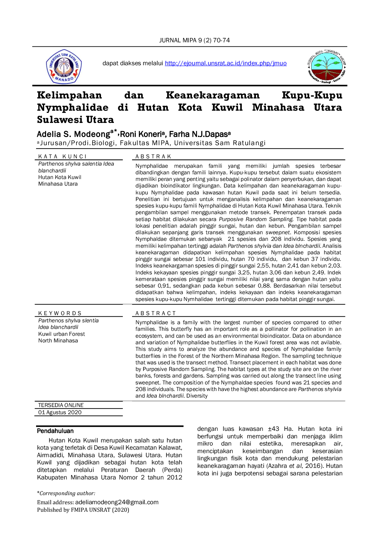 JURIS Kelimpahan dan Keanekaragaman Kupu Kupu Nymphalidae di Hutan Kota Kuwil Minahasa Utara Sulawesi Utara