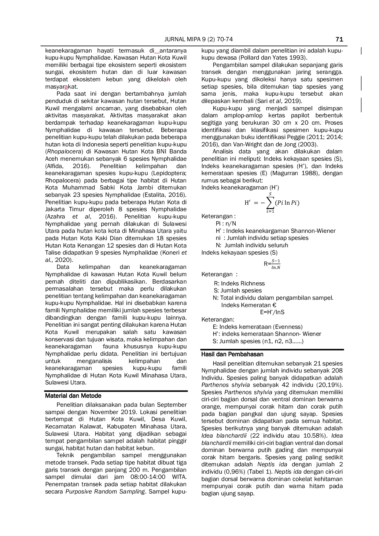 JURIS Kelimpahan dan Keanekaragaman Kupu Kupu Nymphalidae di Hutan Kota Kuwil Minahasa Utara Sulawesi Utara