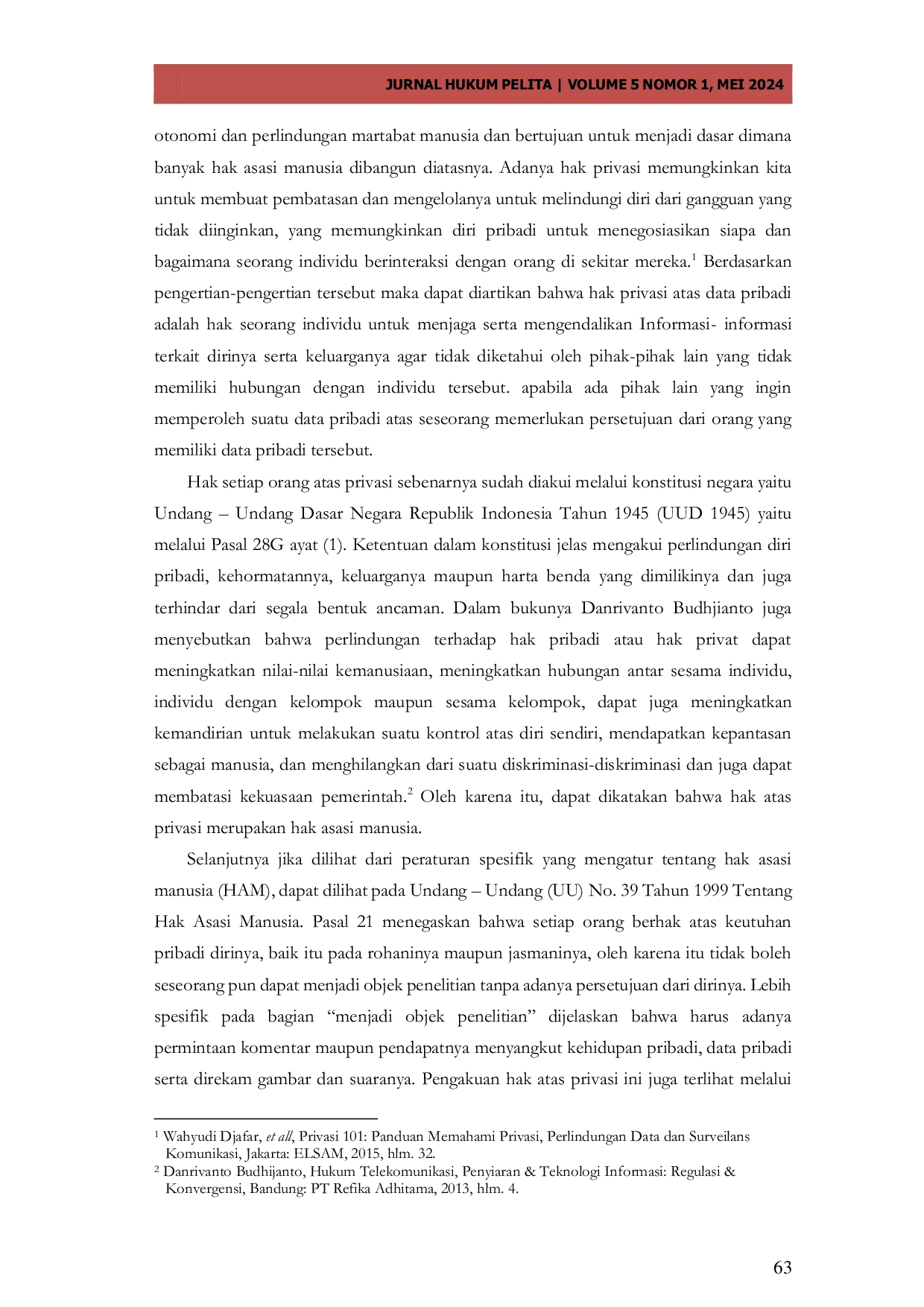 JURIS Perlindungan Hukum Hak Atas Privasi Dan Perlindungan Data Pribadi Berdasarkan Perspektif Hak Asasi Manusia