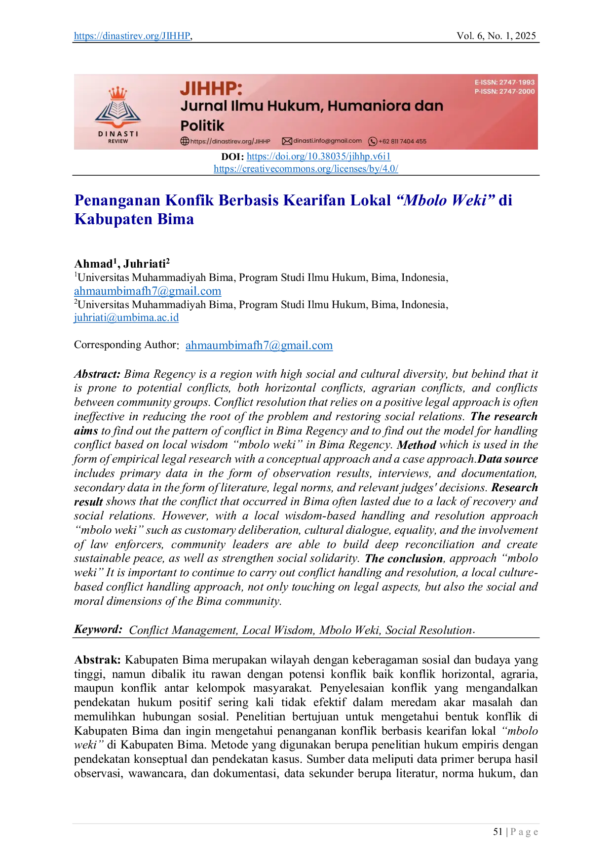 JURIS Penanganan Konfik Berbasis Kearifan Lokal Mbolo Weki di Kabupaten Bima