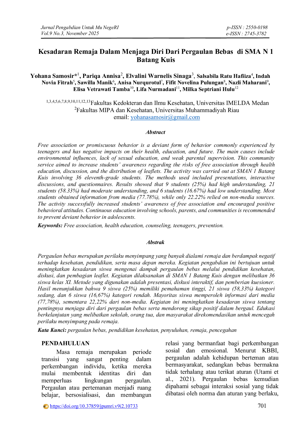JURIS Kesadaran Remaja Dalam Menjaga Diri Dari Pergaulan Bebas Di SMA N 1 Batang Kuis
