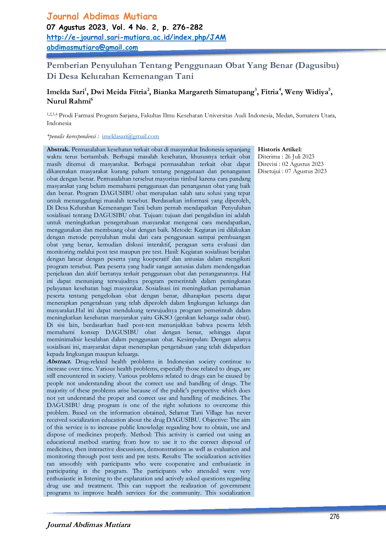 JURIS Pemberian Penyuluhan Tentang Penggunaan Obat Yang Benar Dagusibu Di Desa Kelurahan Kemenangan Tani