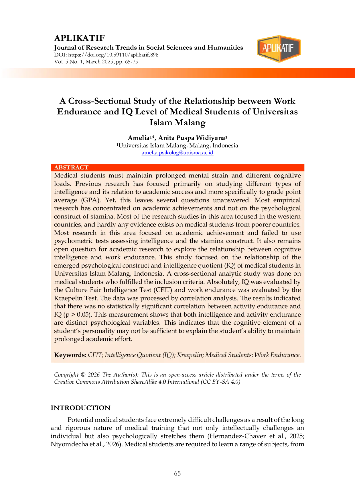 JURIS A Cross Sectional Study of the Relationship between Work Endurance and IQ Level of Medical Students of Universitas Islam Malang