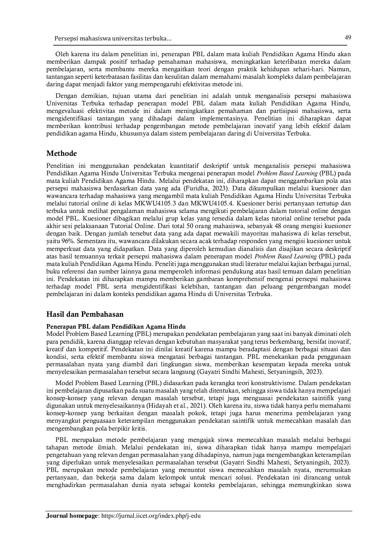 JURIS Persepsi mahasiswa universitas terbuka terhadap model problem based learning pbl dalam tutorial online pada mata kuliah pendidikan agama hindu